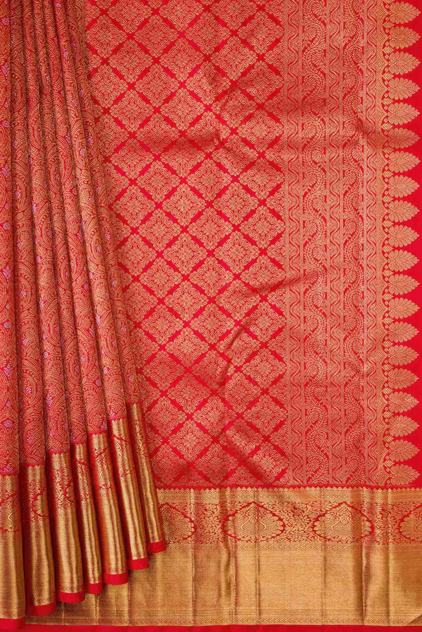 Pure Silk Pure Zari Red Dual Tone Kanjivaram Saree - Image 2