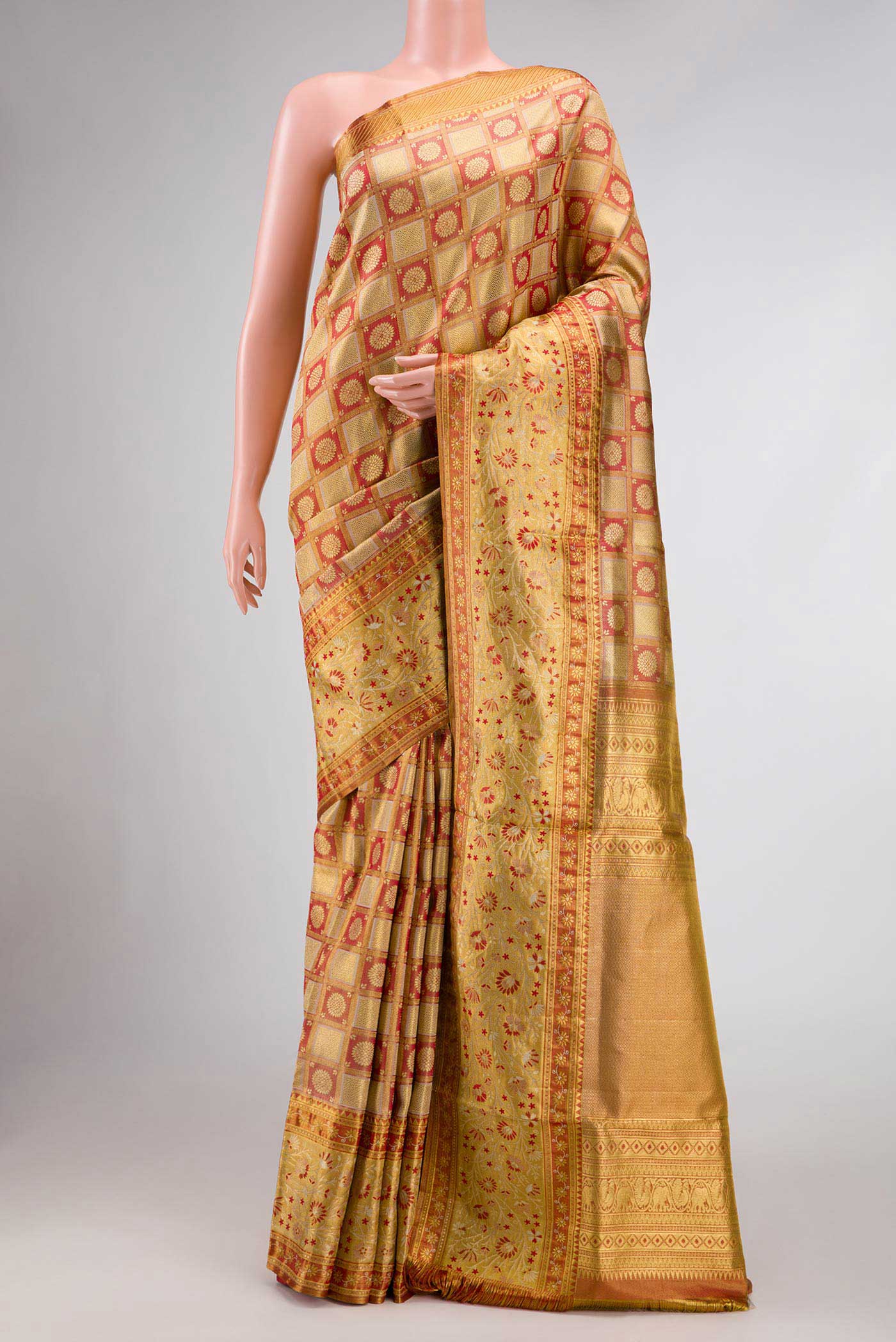 Gold with Red Color Kanchipuram Tissue Silk Saree