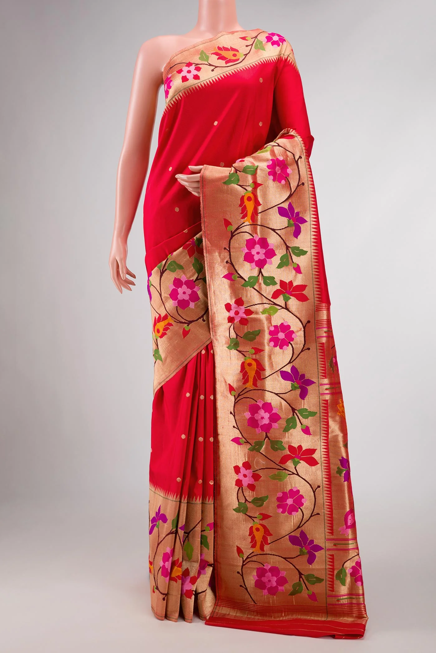 Pure Silk Pure Zari Pink with Red Color Paithani Saree
