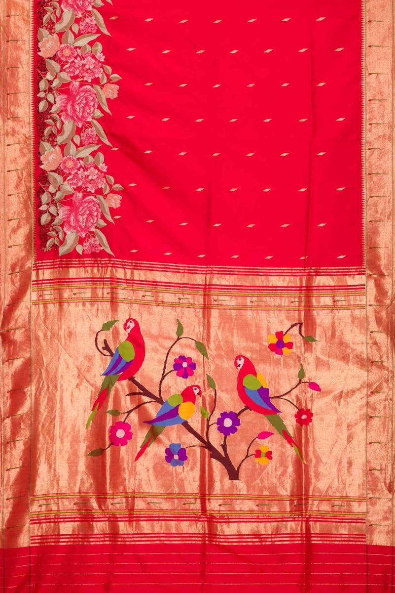 Pure Silk Pure Zari Red Dual Tone Paithani Saree - Image 3