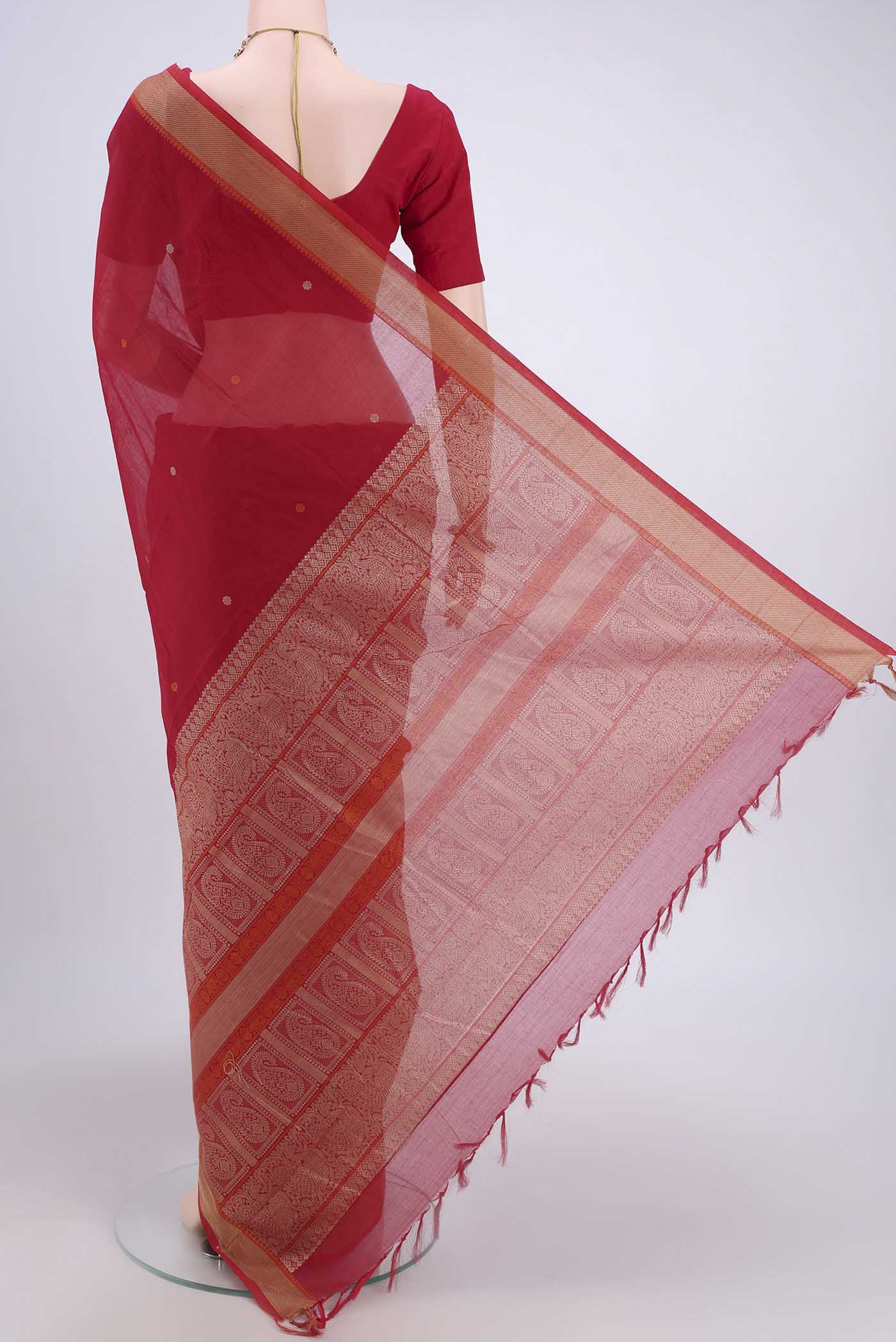 Red Coimbatore Cotton Saree - Image 3
