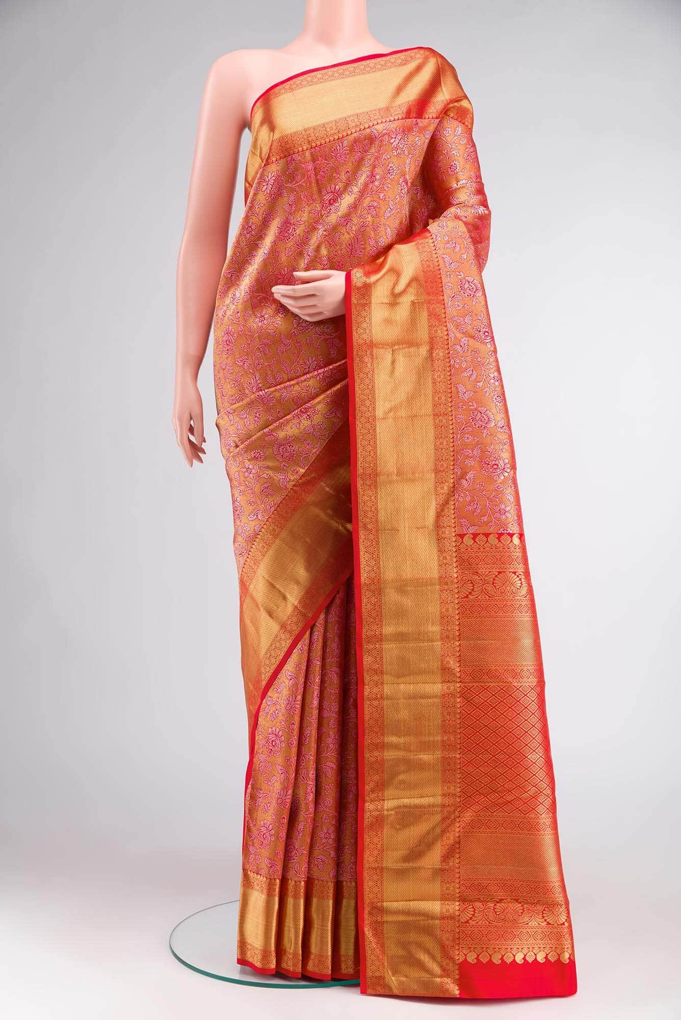 Pure Silk Pure Zari Orange with Gold Color Kanjivaram Saree - Image 7