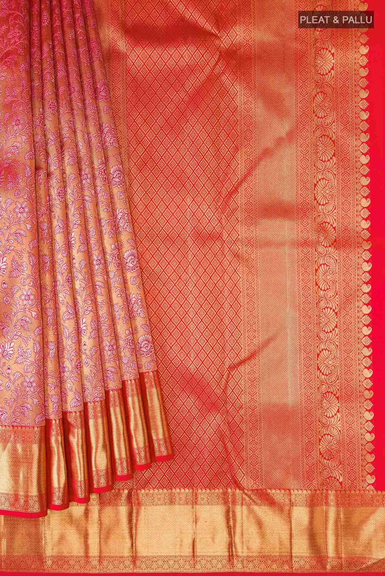 Pure Silk Pure Zari Orange with Gold Color Kanjivaram Saree - Image 8