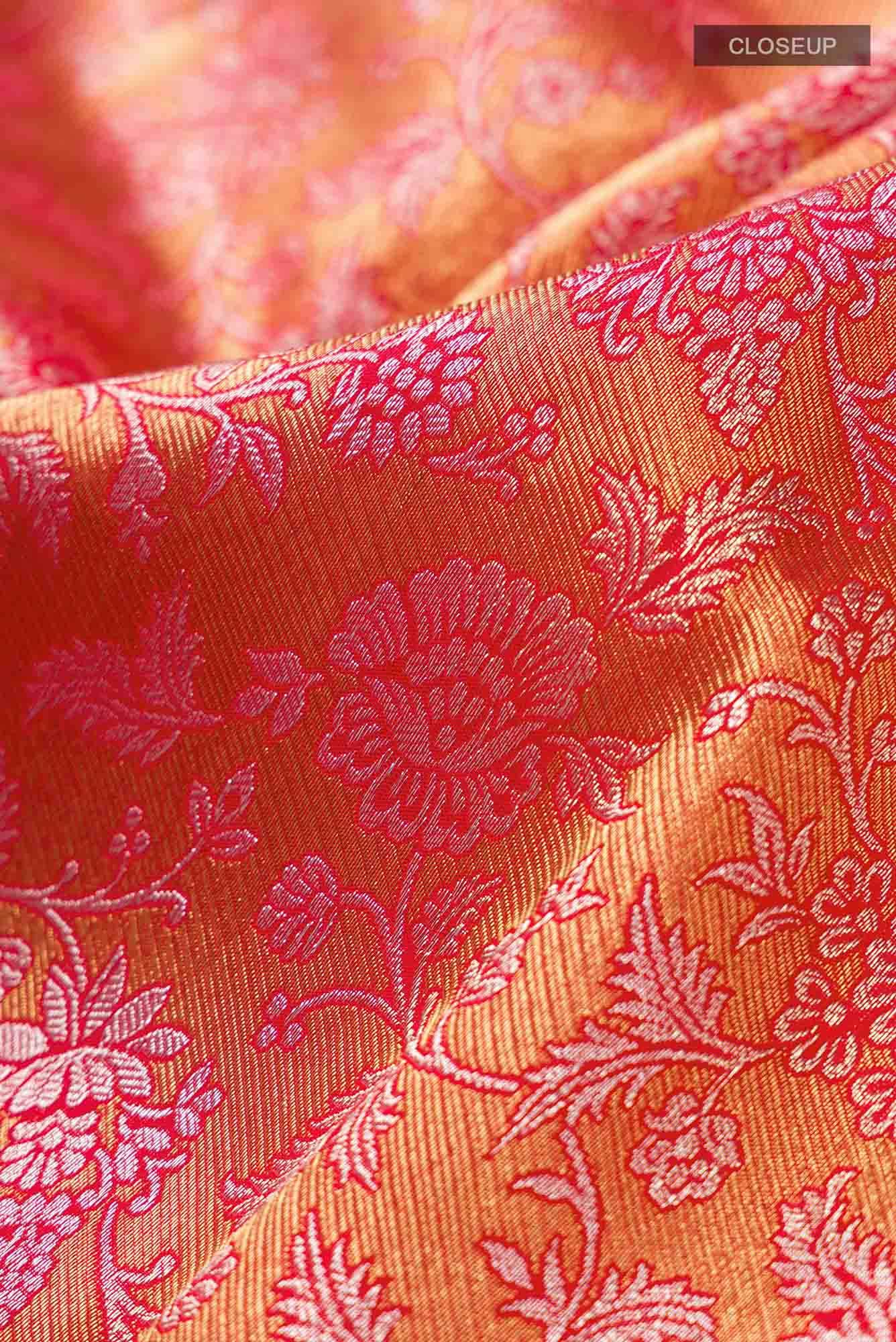 Pure Silk Pure Zari Orange with Gold Color Kanjivaram Saree - Image 9
