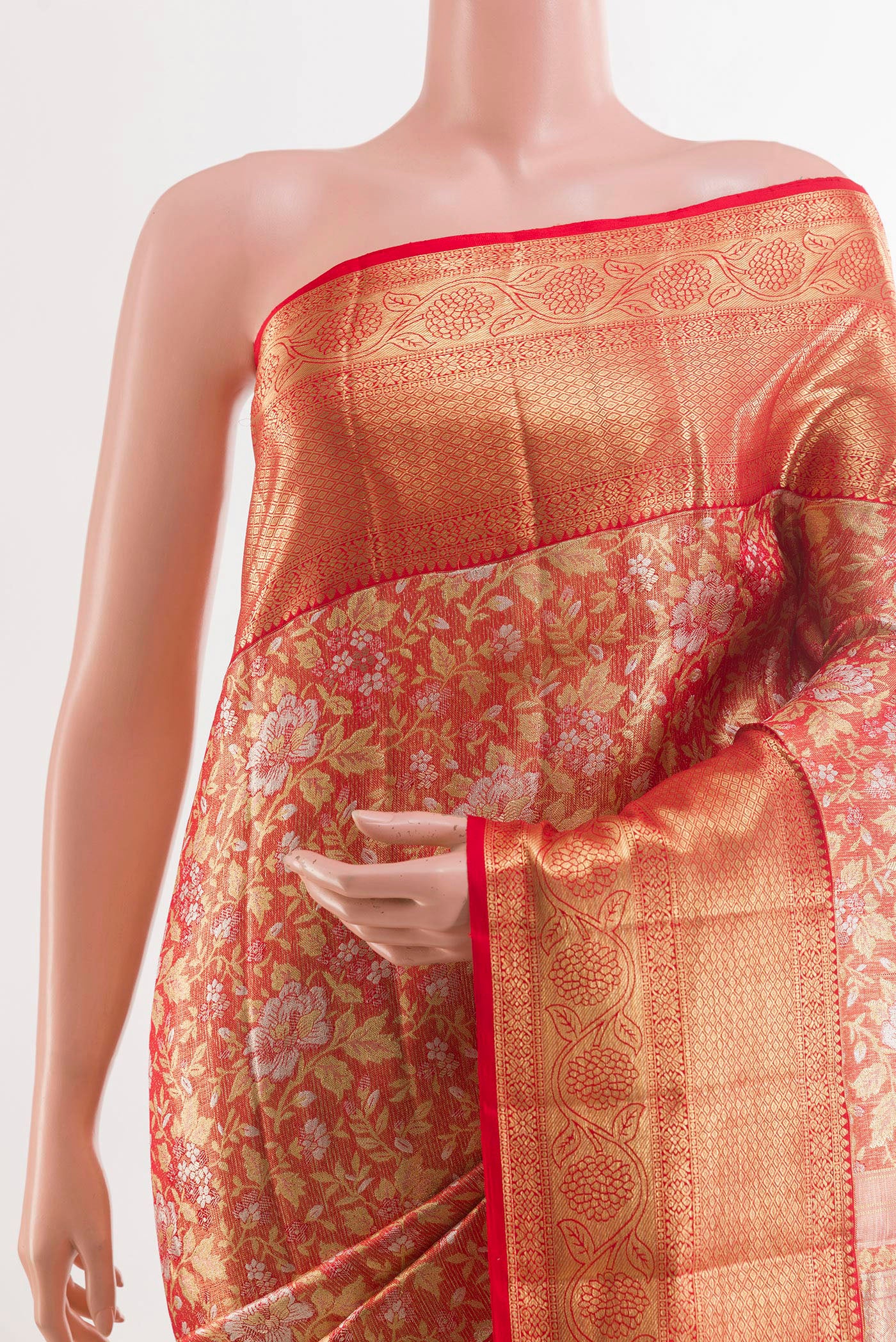 Red with Gold Color Kanjivaram Tissue Silk Saree - Image 2