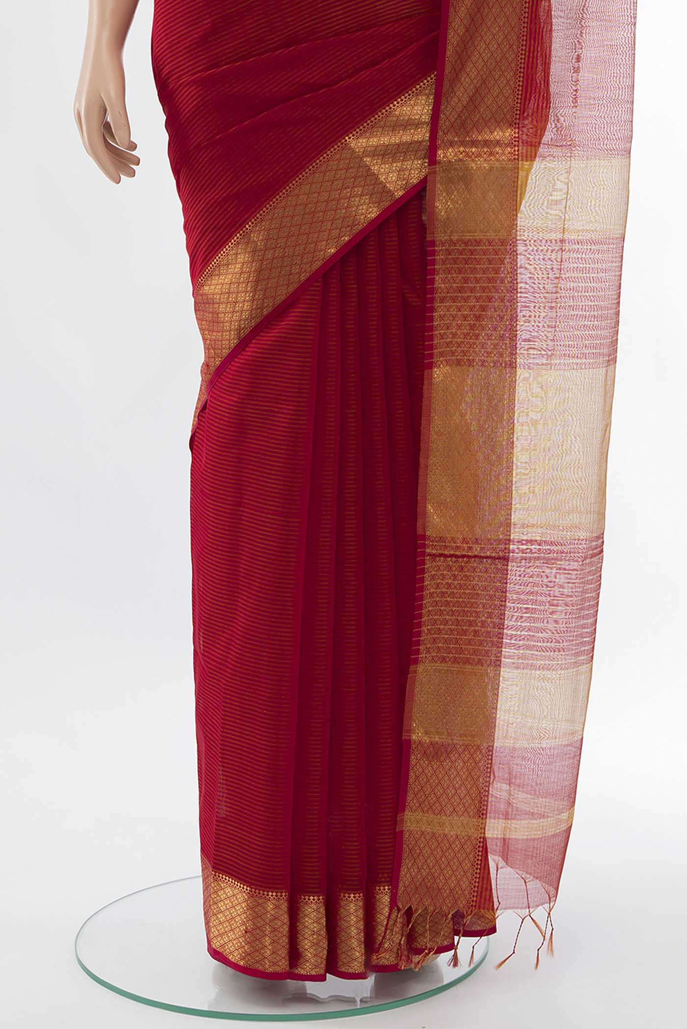 Red Maheshwari Silk Cotton Saree - Image 3