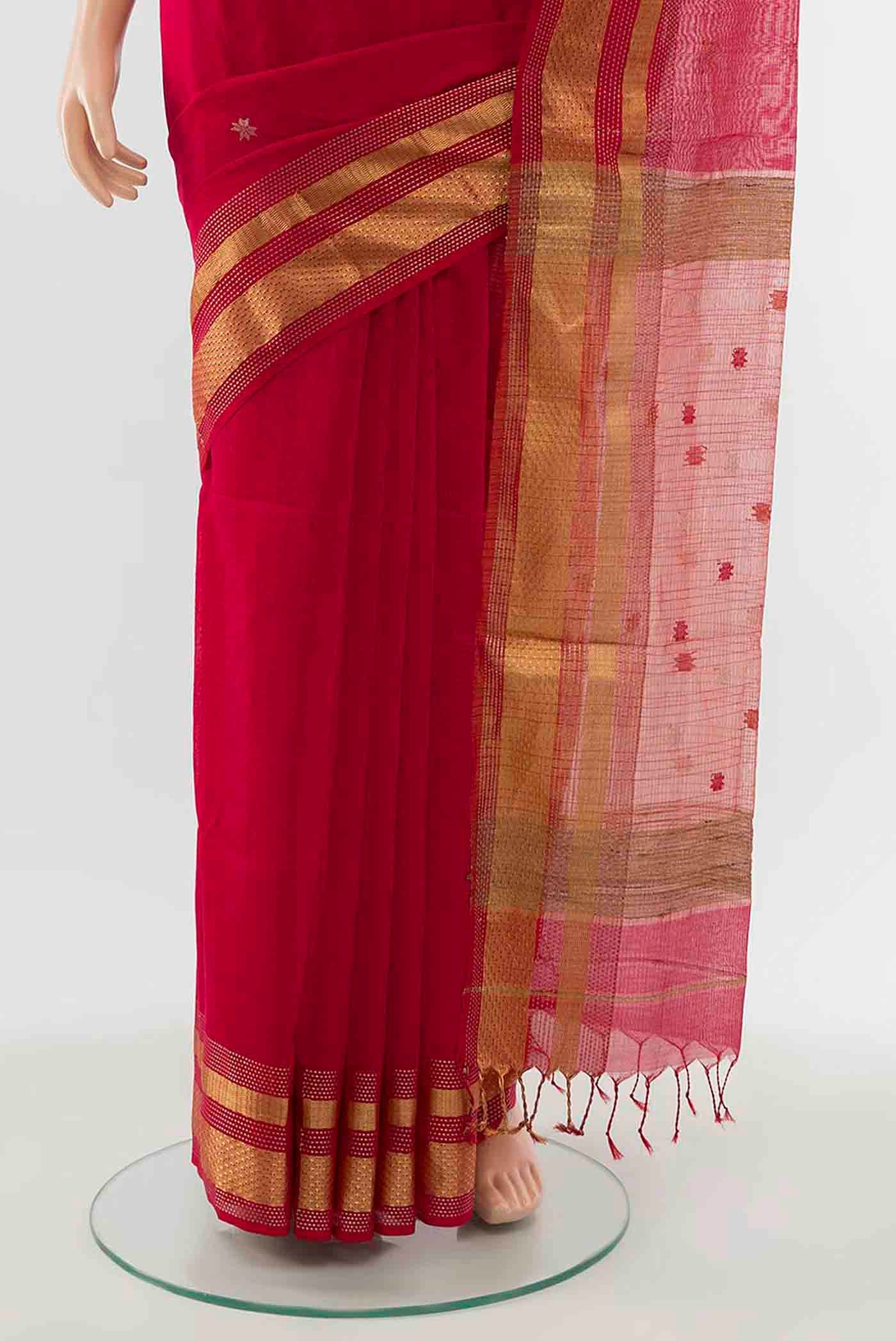 Red Maheshwari Silk Cotton Saree - Image 3