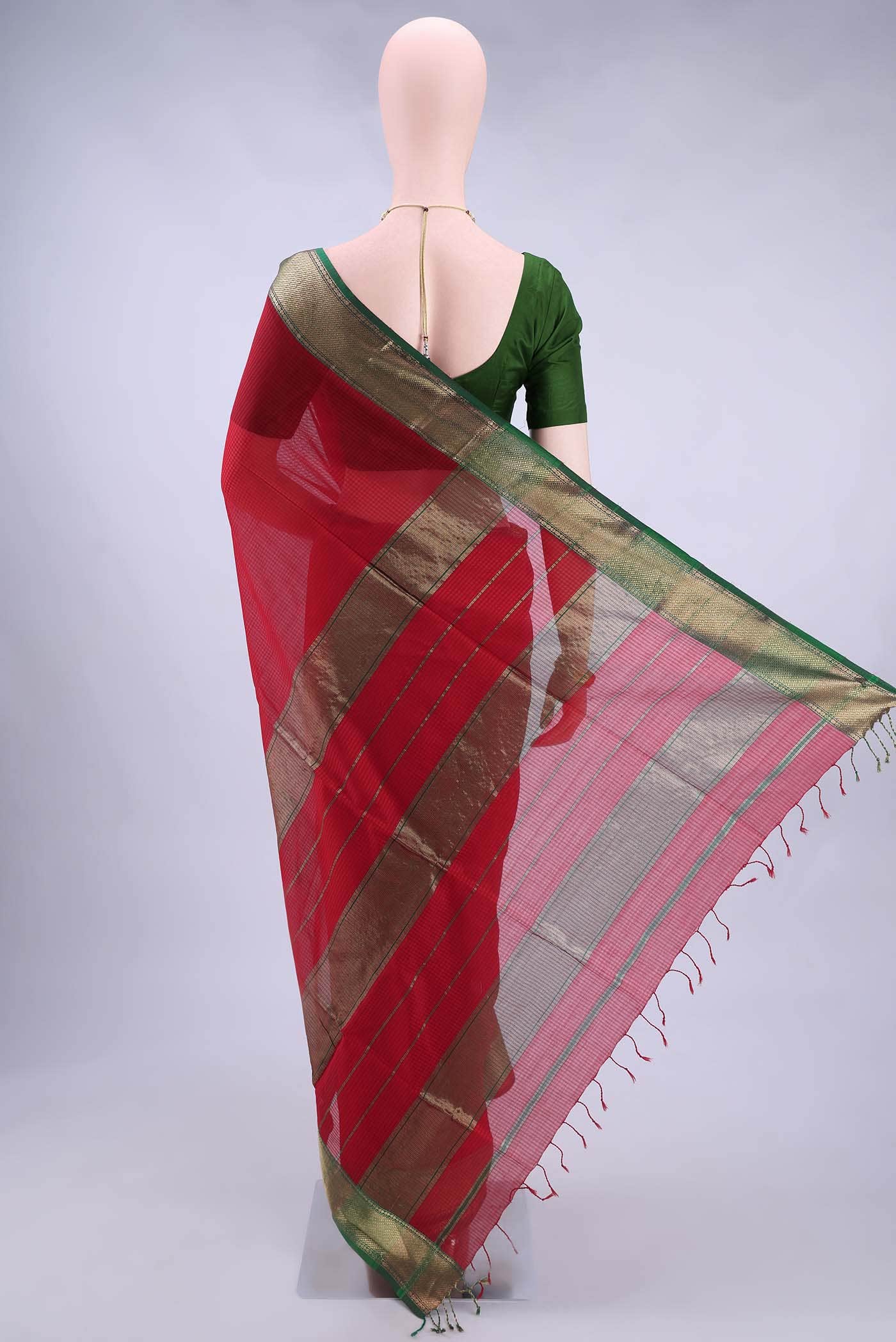 Red Maheshwari Silk Cotton Saree - Image 2