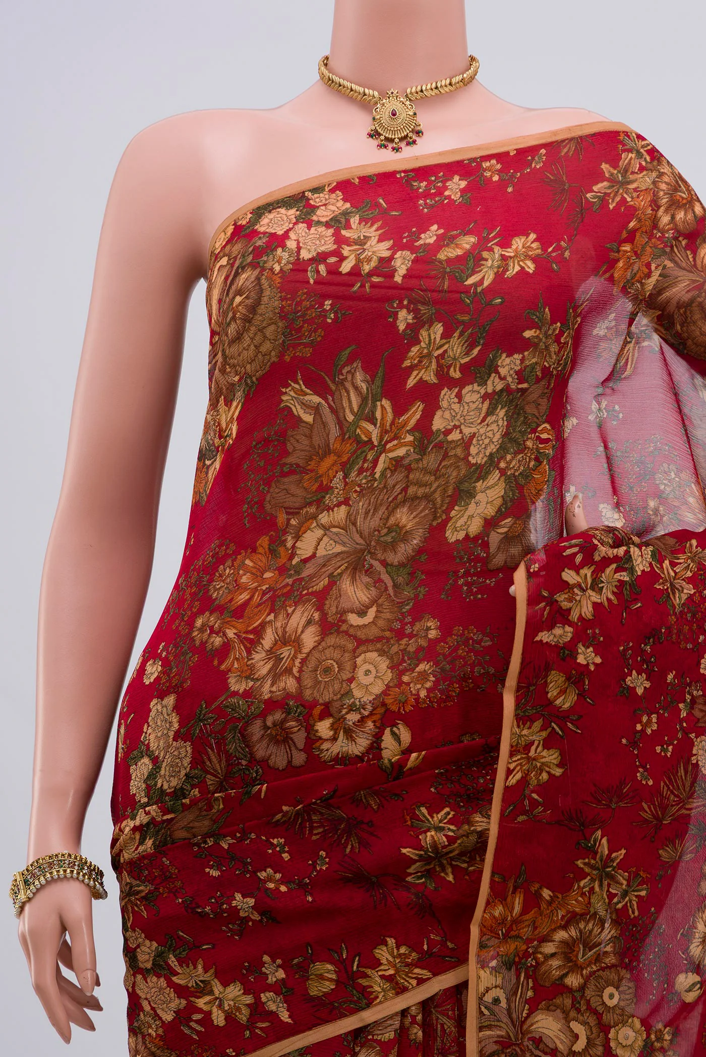 Red Mysore Chiffon Saree - Image 2