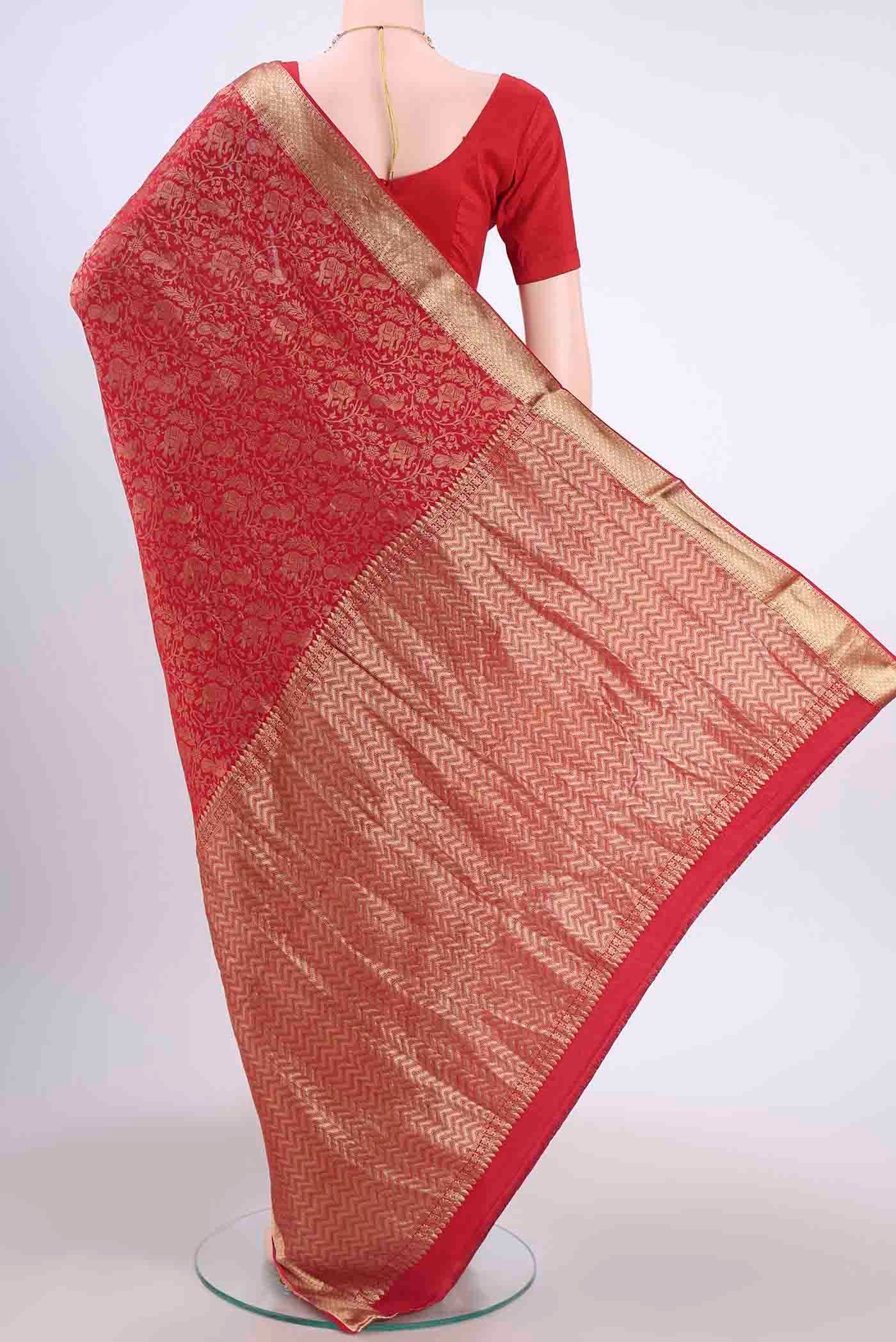Red Mysore Crepe Saree - Image 3