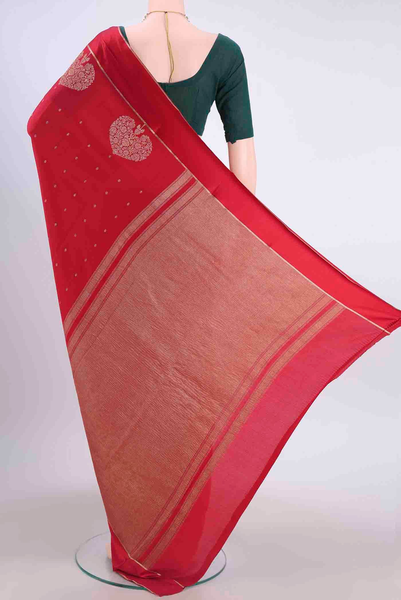 Red Mysore Crepe Saree - Image 3