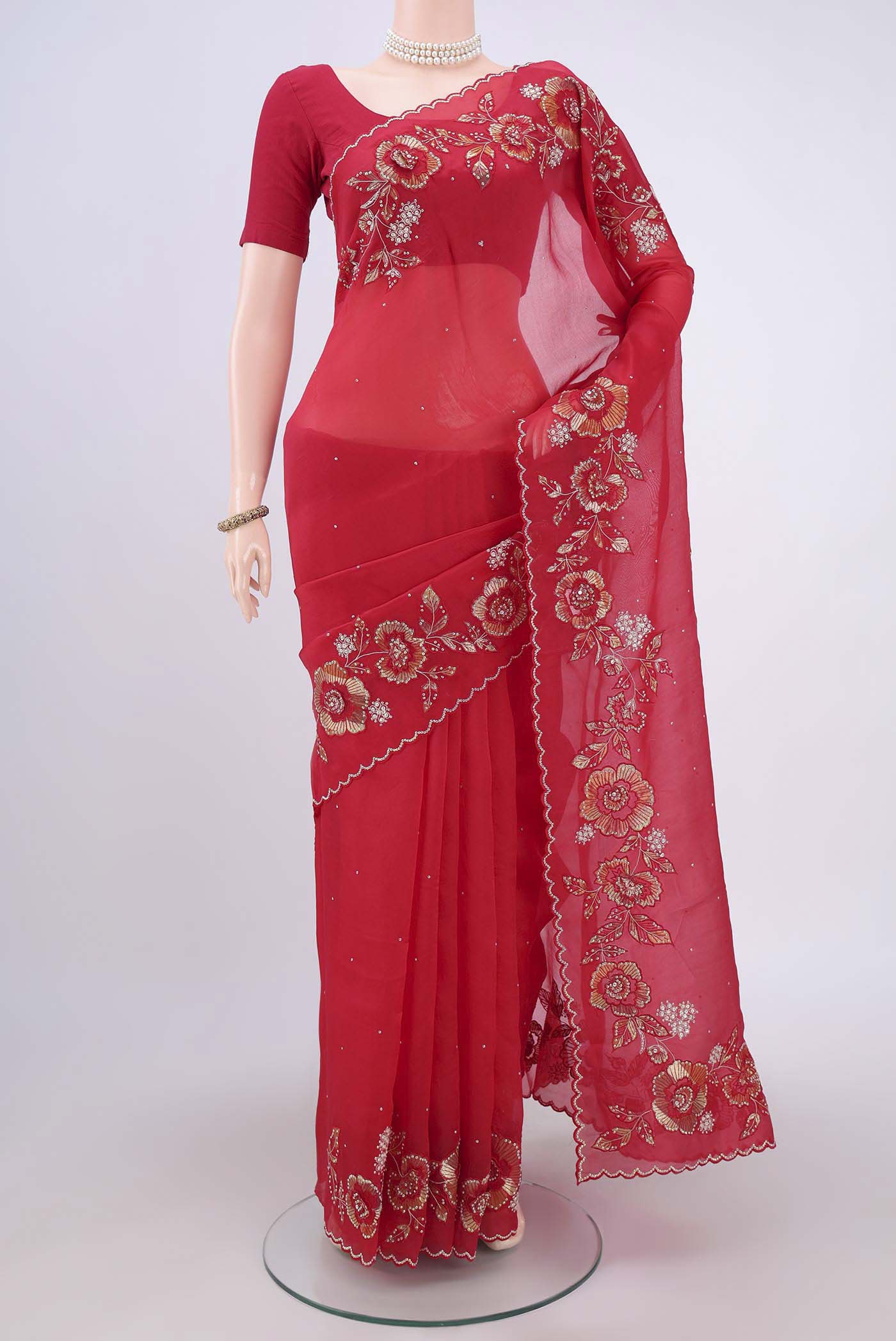 Red Organza Silk Saree - Image 2