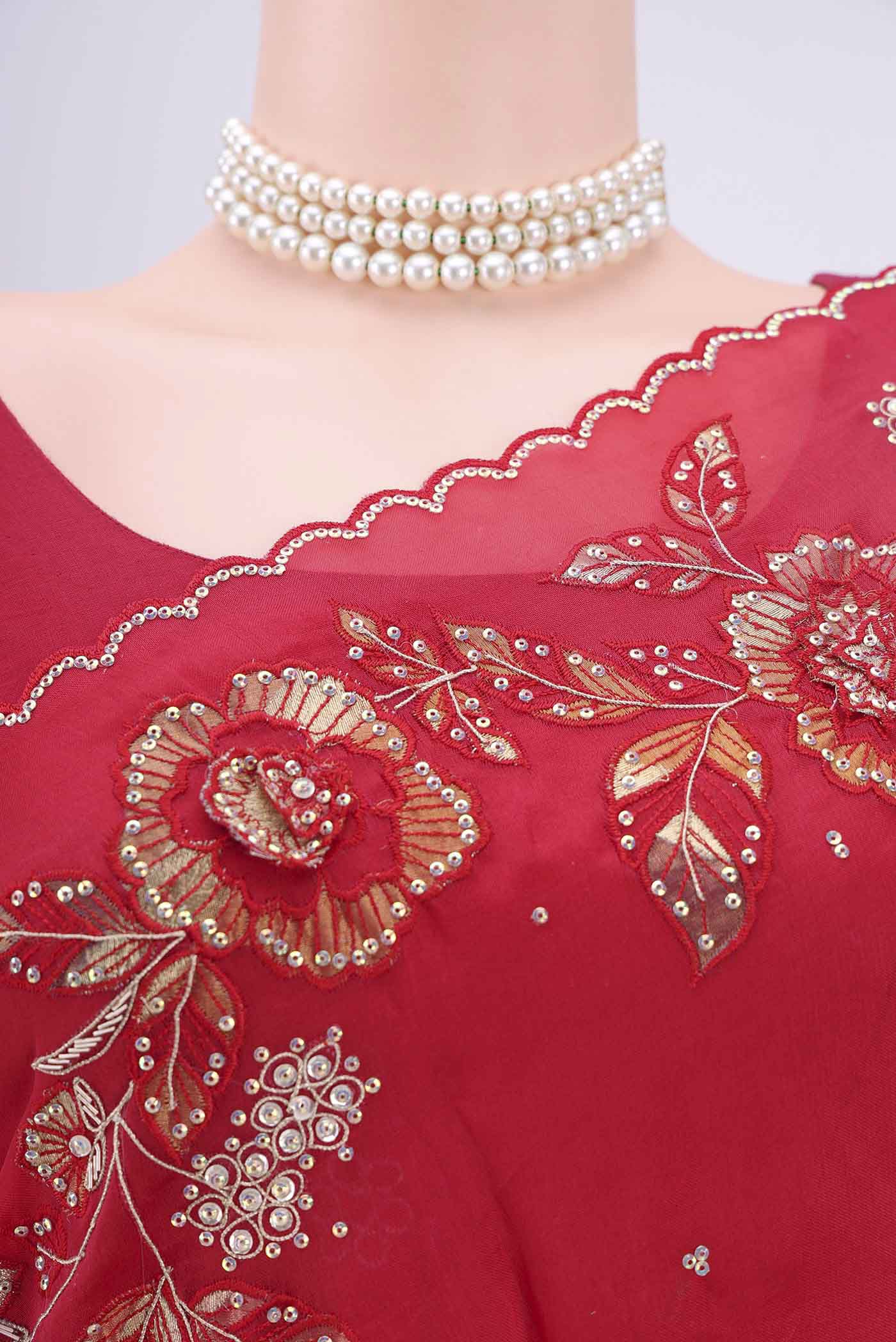 Red Organza Silk Saree - Image 3