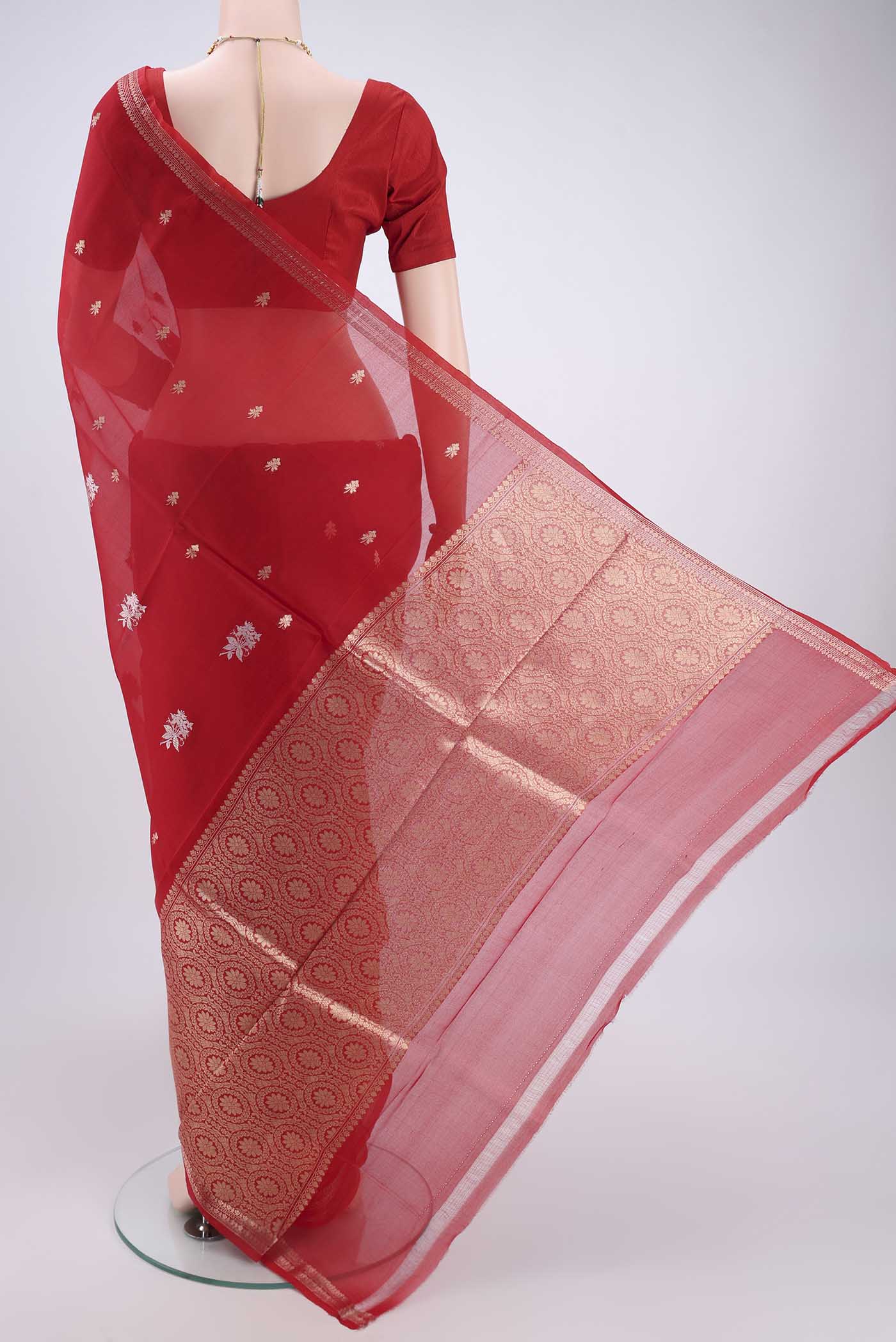 Red Organza Silk Saree - Image 3
