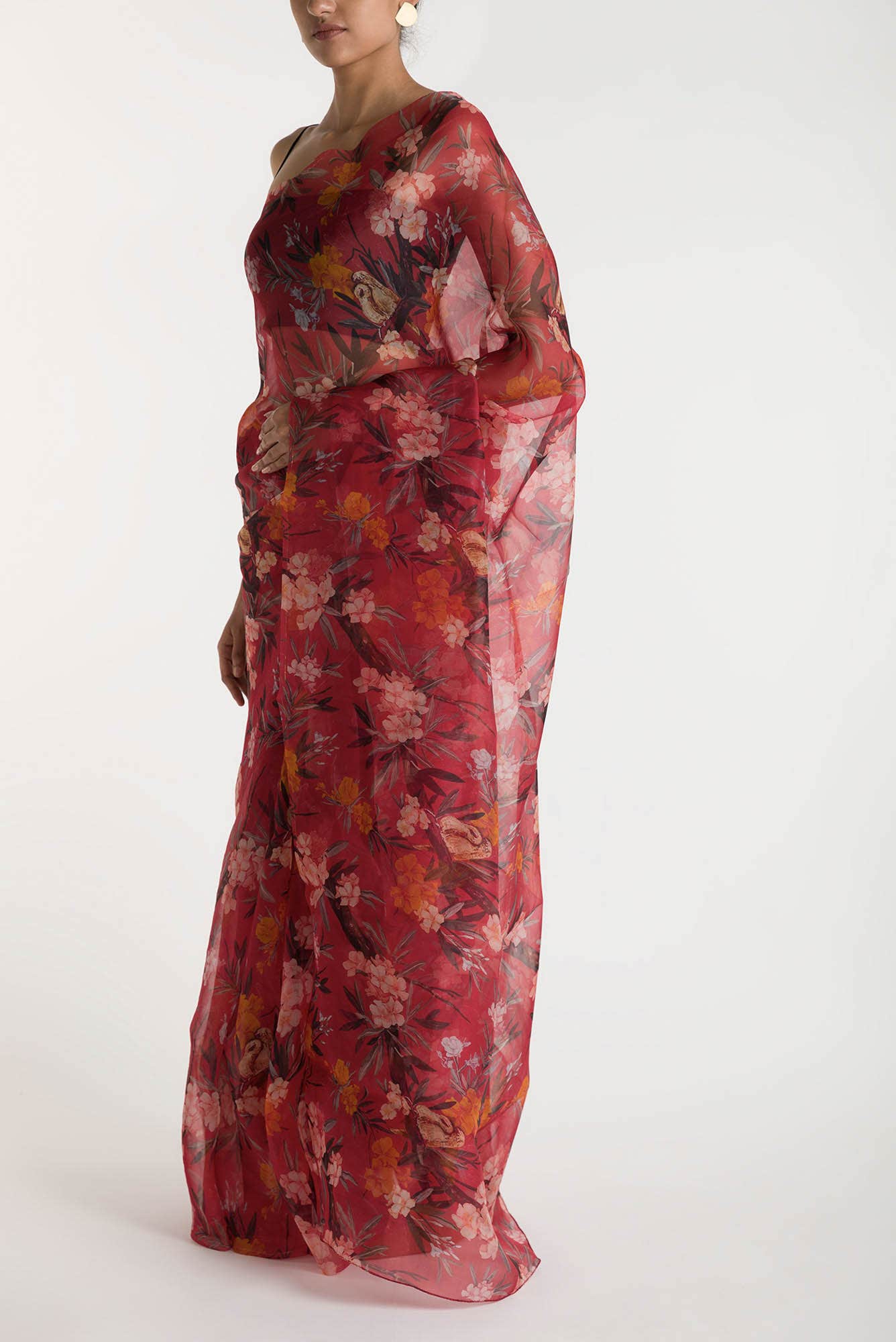 Tropical Parrots Red Pure Organza Silk Saree - Image 4