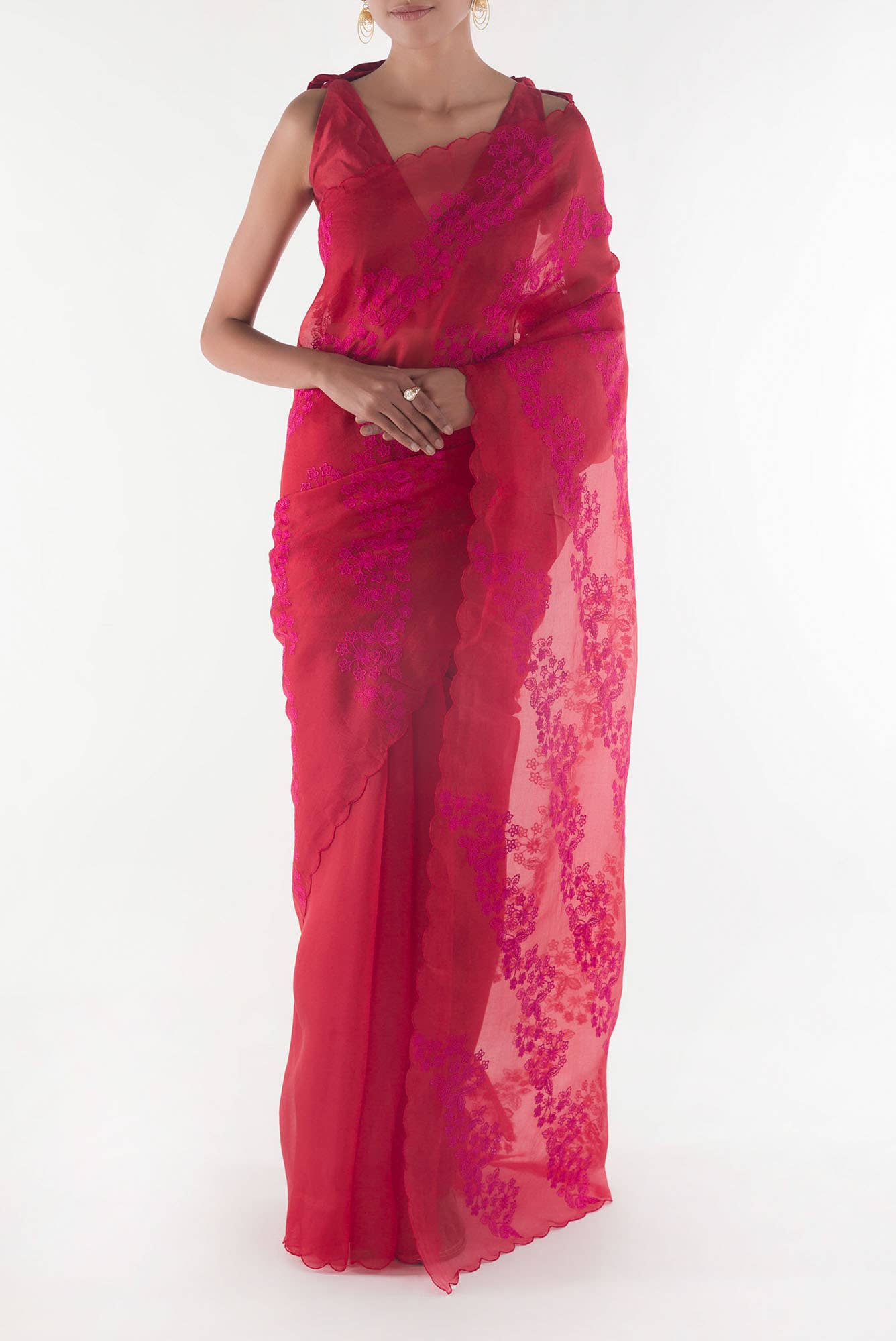 Bella Red floral design saree from Embroidered Romance Collection by Nalli - Image 2