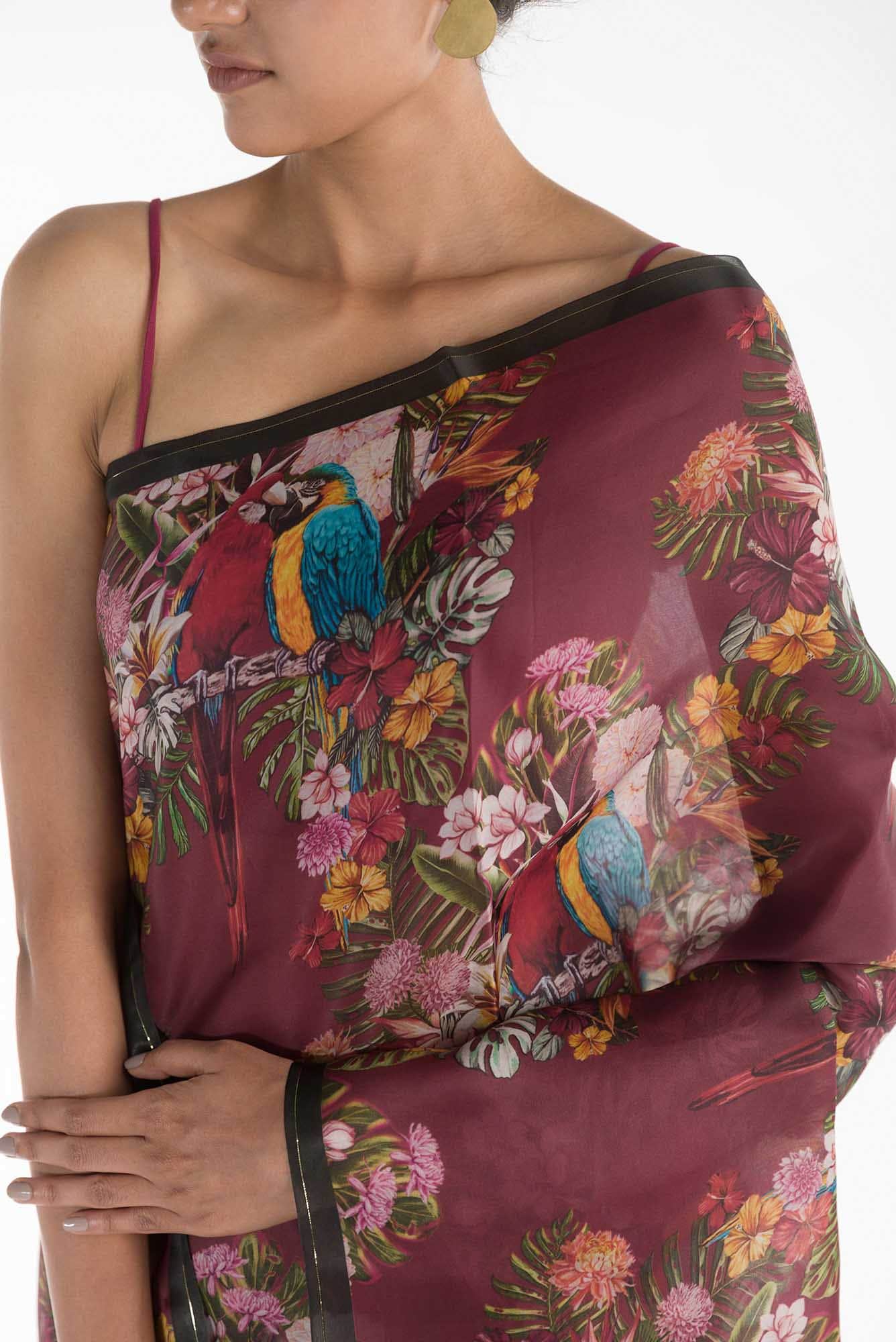 Lover Macaws Red Satin Organza Saree - Image 2