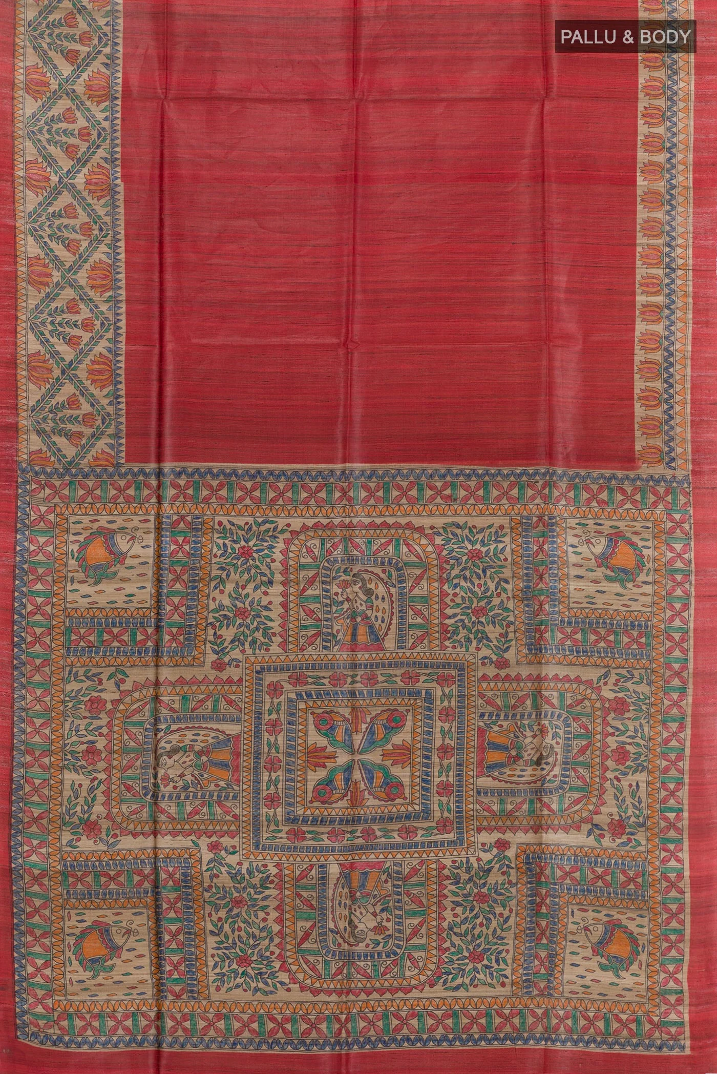 Red Tussar Silk Saree - Image 3