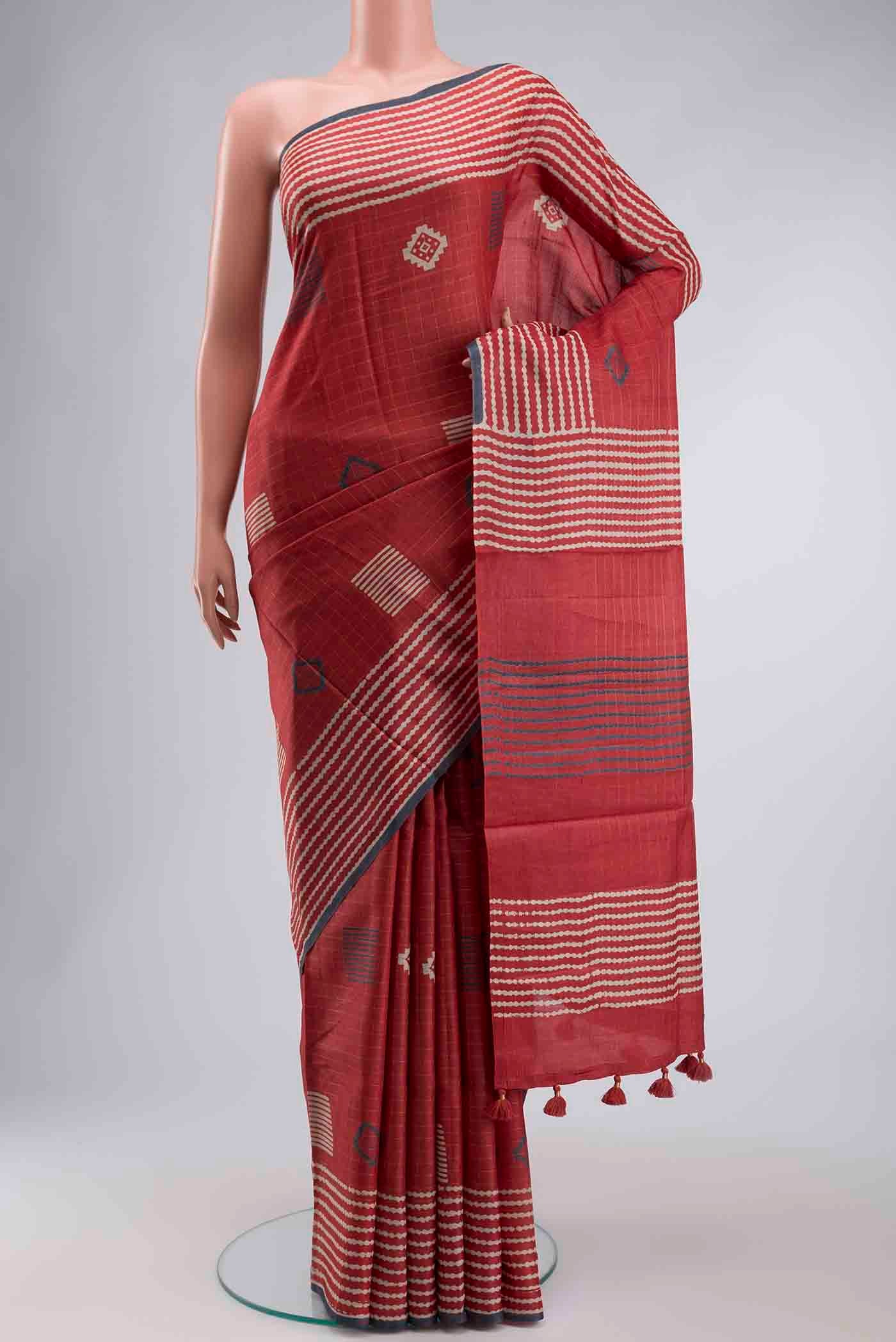 Red Tussar Silk Saree