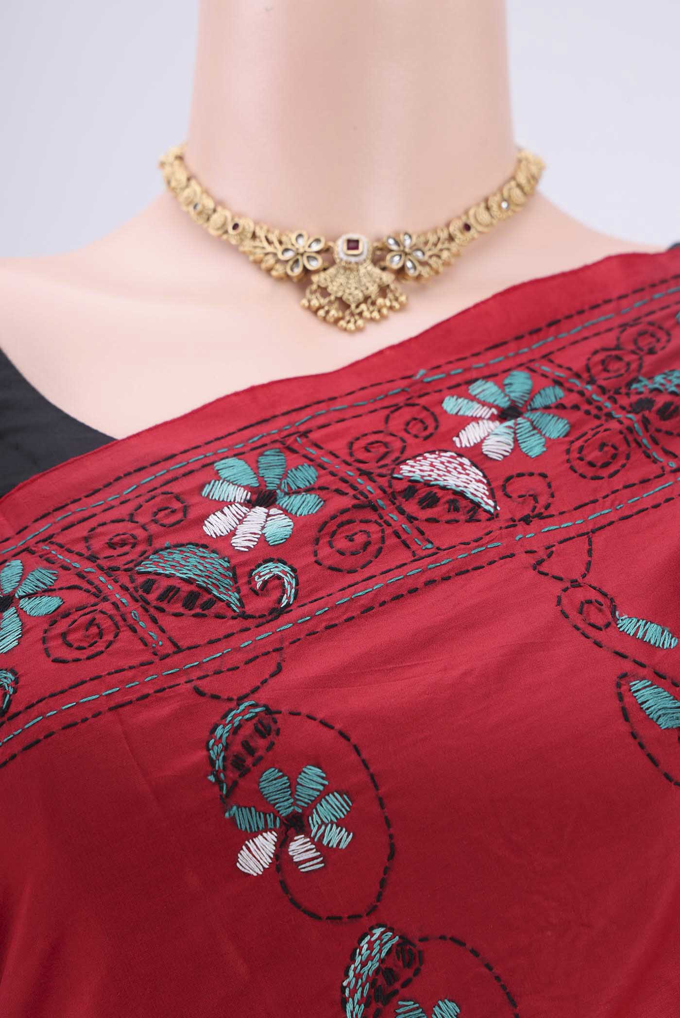 Red Kantha Silk Saree - Image 2