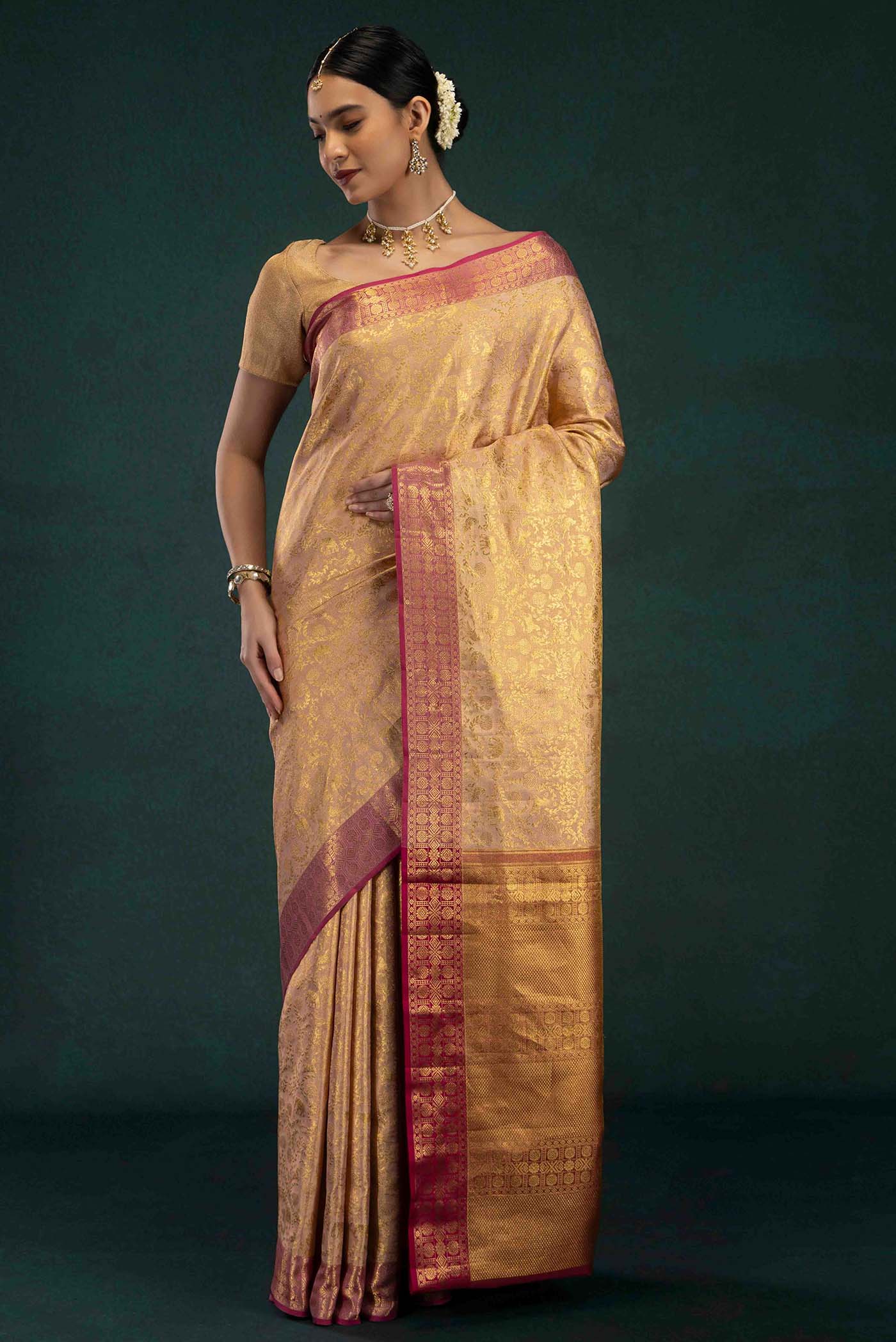 Ridhi-Rose Gold Kanchipuram Tissue Silk Saree - Image 2