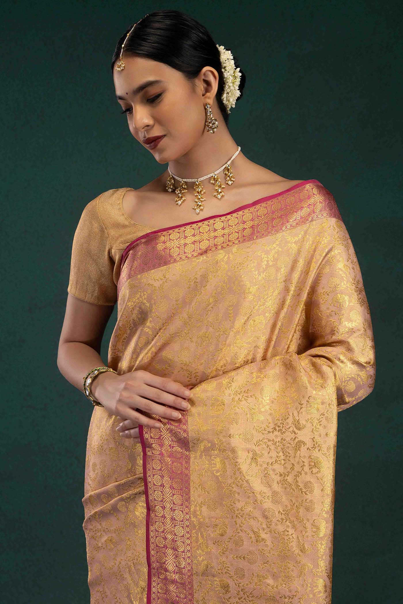 Ridhi-Rose Gold Kanchipuram Tissue Silk Saree - Image 3