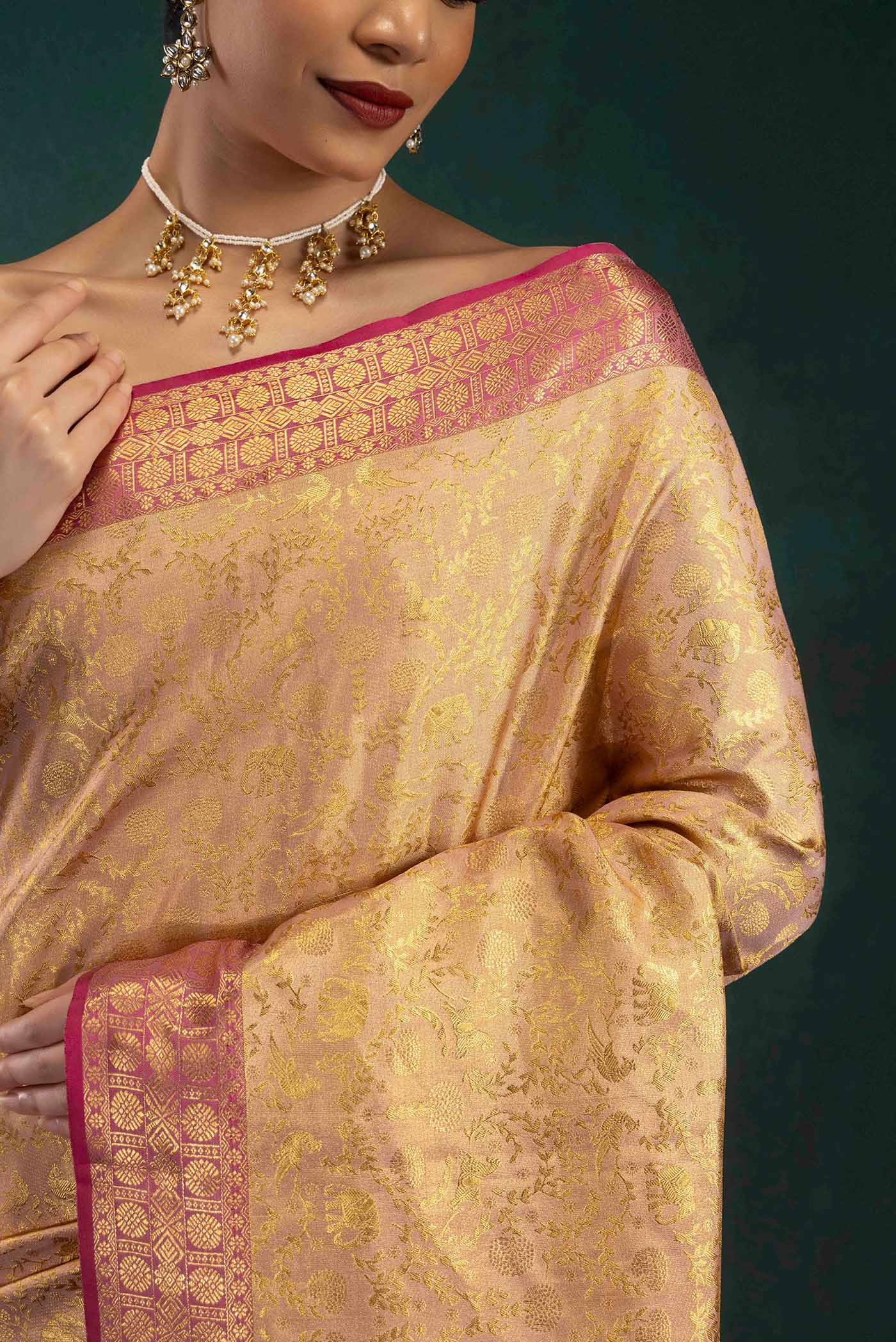 Ridhi-Rose Gold Kanchipuram Tissue Silk Saree - Image 4