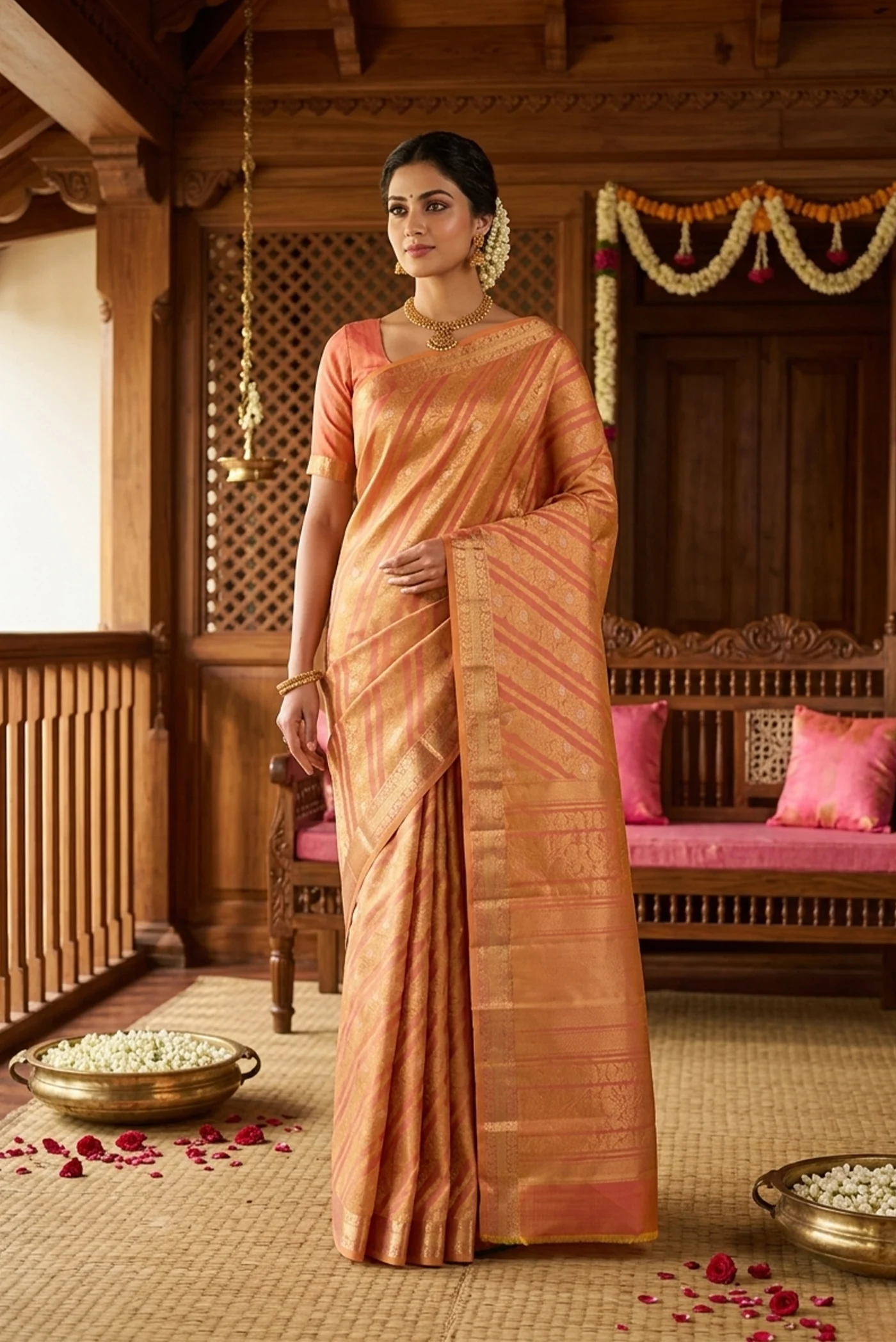 Rohini-Light Pink with Yellow Dual Tone Kanchipuram Silk Saree