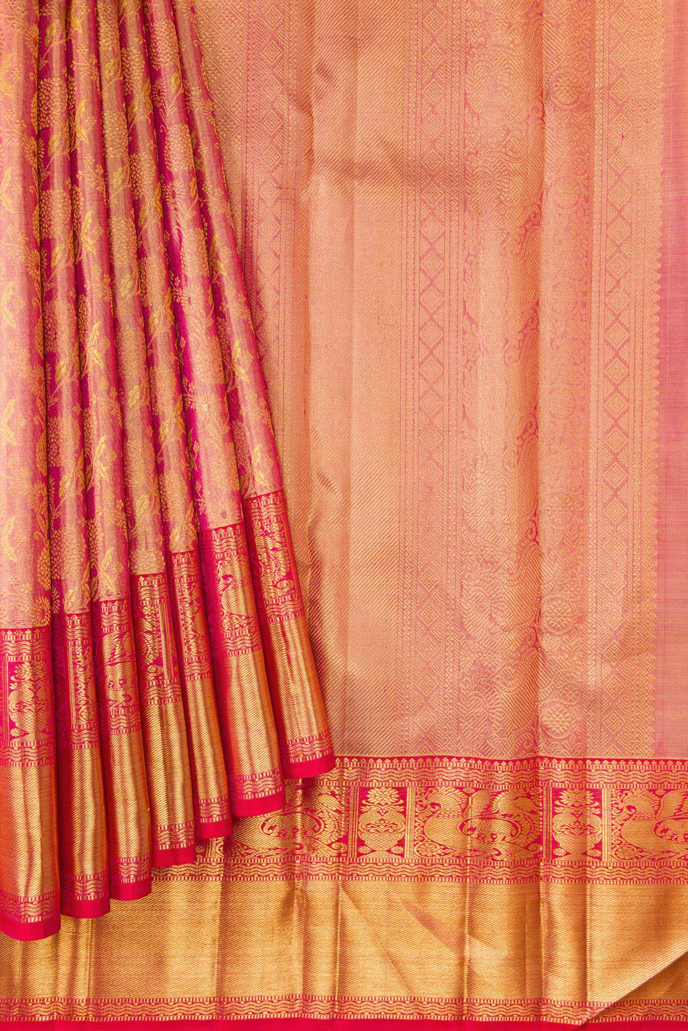 Pink with Gold Color Kanchipuram Tissue Silk Saree - Image 4