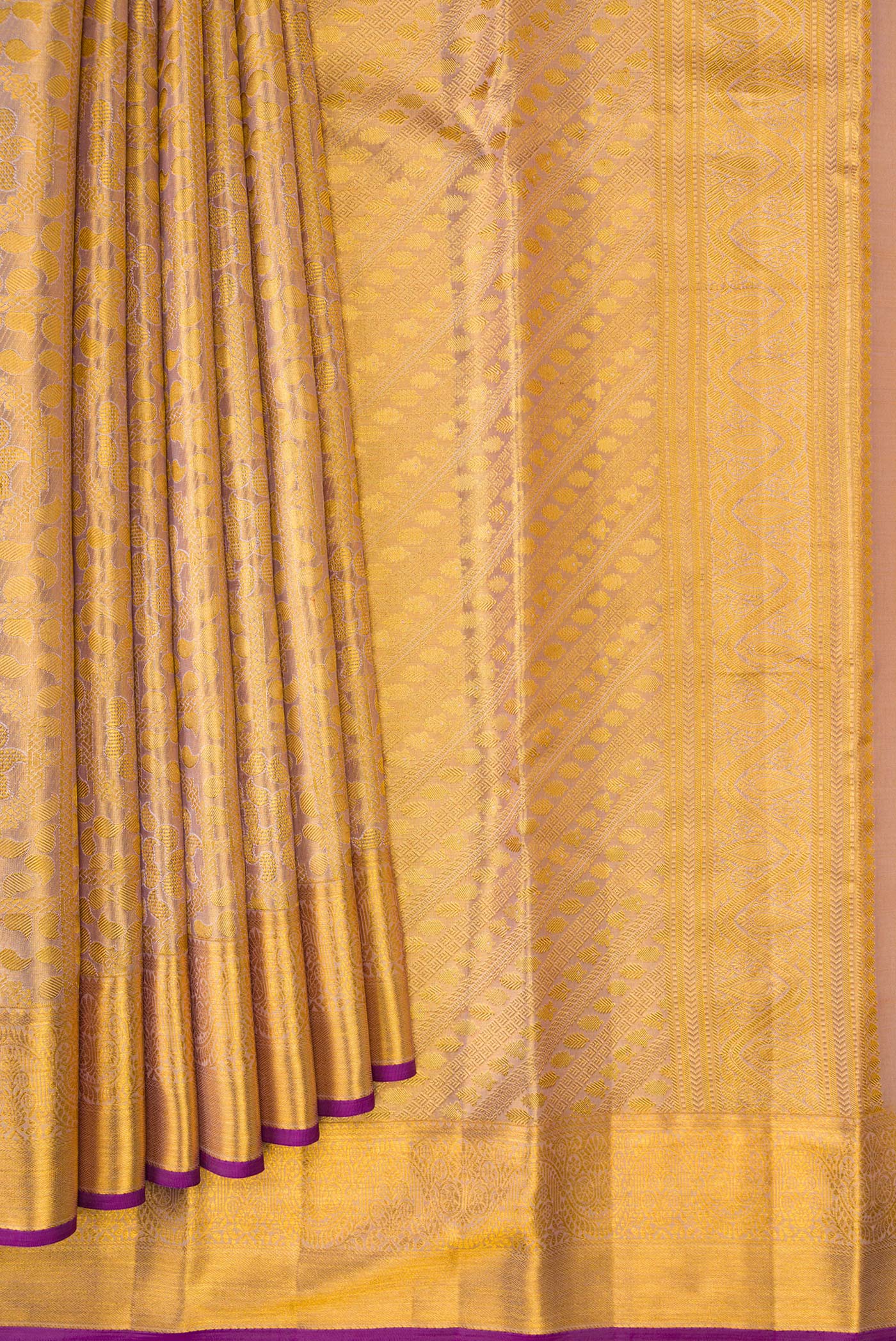 Rose Gold Dual Tone Kanchipuram Tissue Silk Saree - Image 4