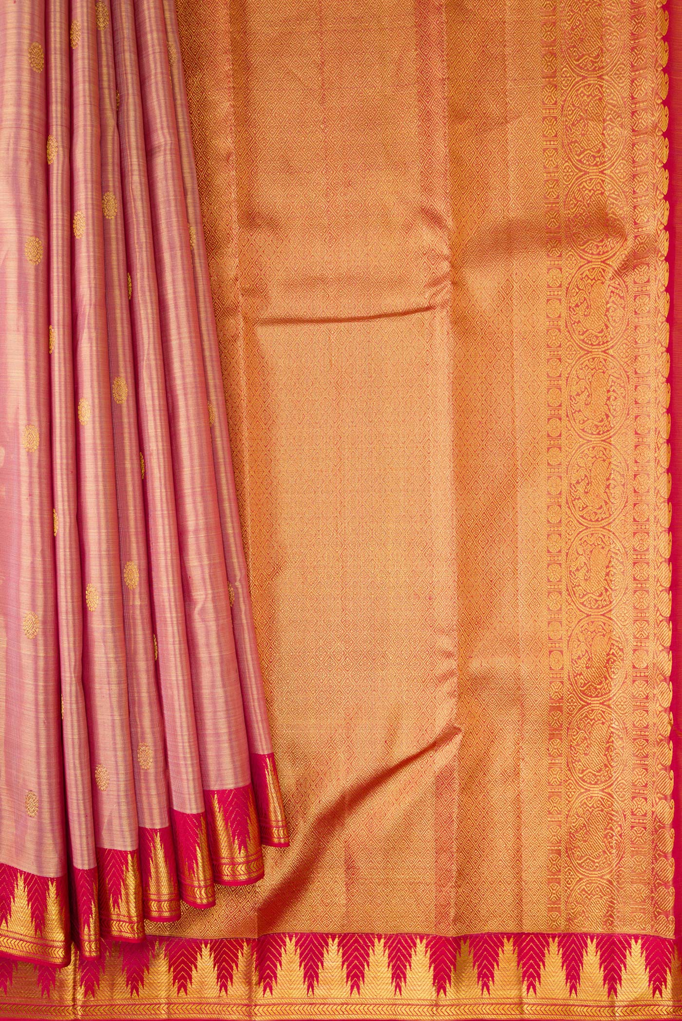 Rose Gold Dual Tone Kanchipuram Tissue Silk Saree - Image 4