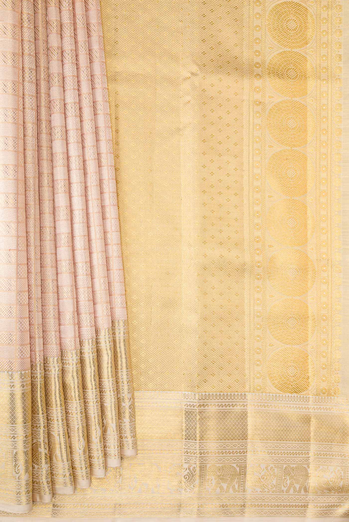 Rose Gold with Gold Color Kanjivaram Tissue Silk Saree - Image 4