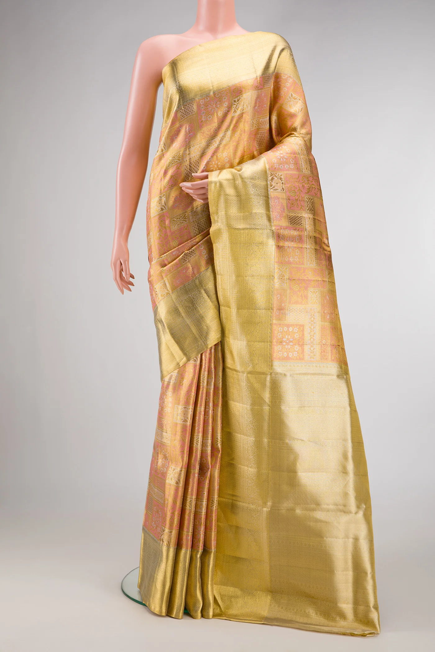 Rose Gold Dual Tone Kanjivaram Tissue Silk Saree
