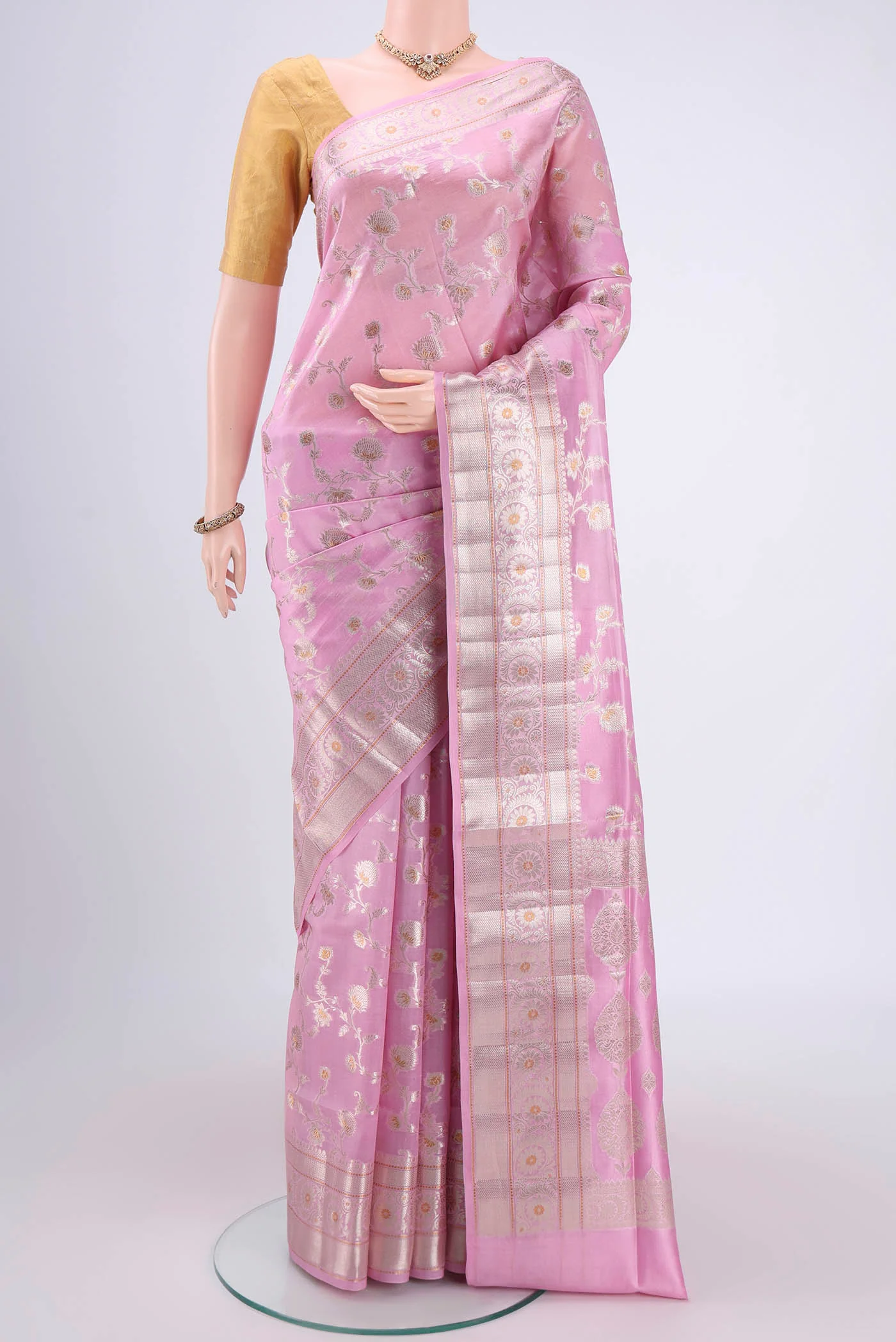 Rose pink Banarasi Raw Silk Saree