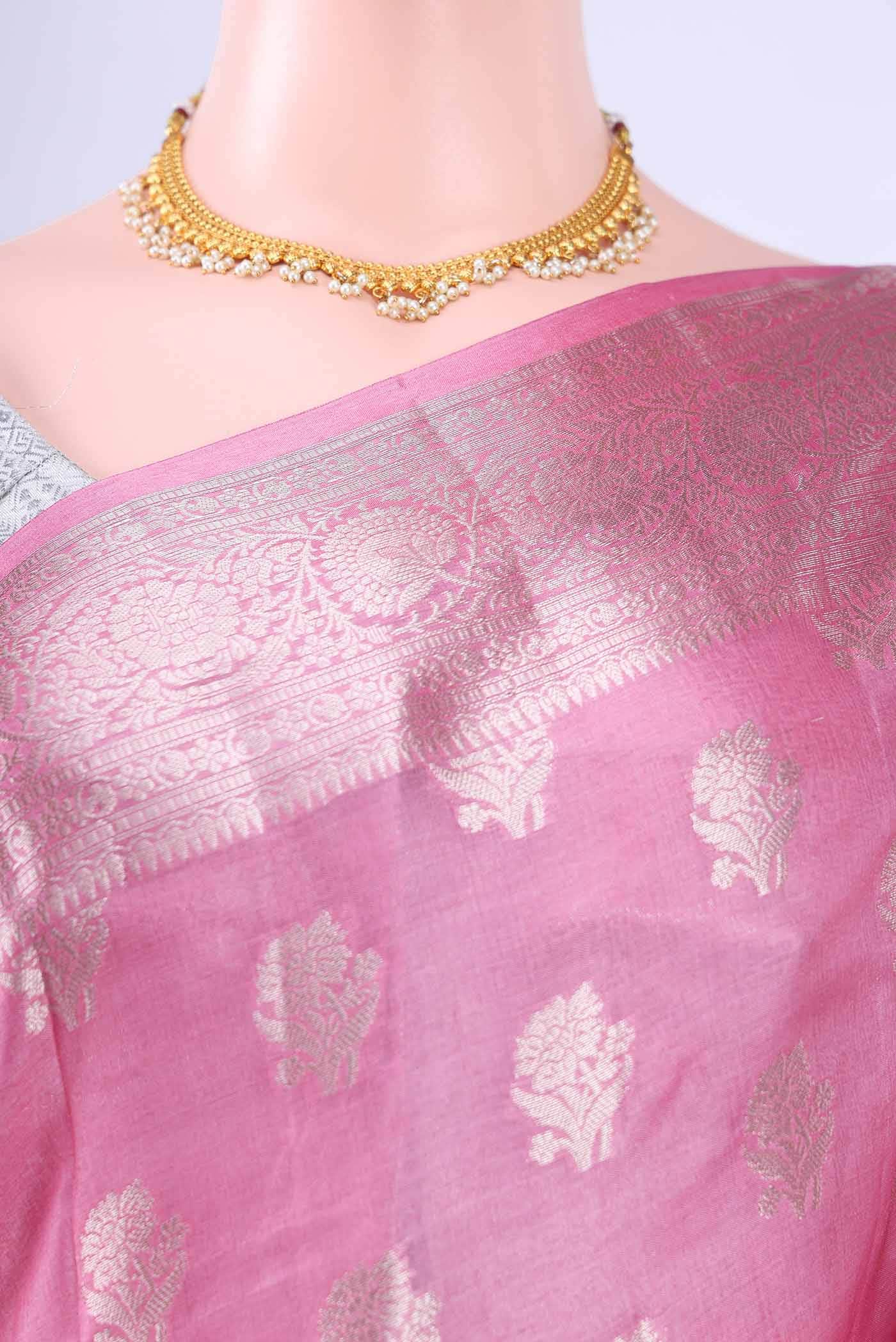 Rose pink Banarasi Tussar Silk Saree - Image 3