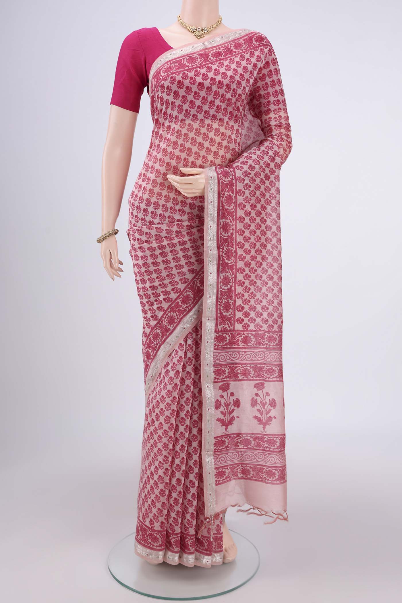 Rose pink Chanderi Silk Cotton Saree