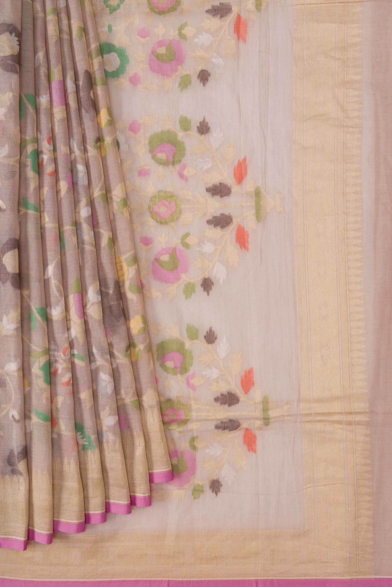 Pure Silk Pure Zari Rose pink Dual Tone Banarasi Cotton Saree - Image 2