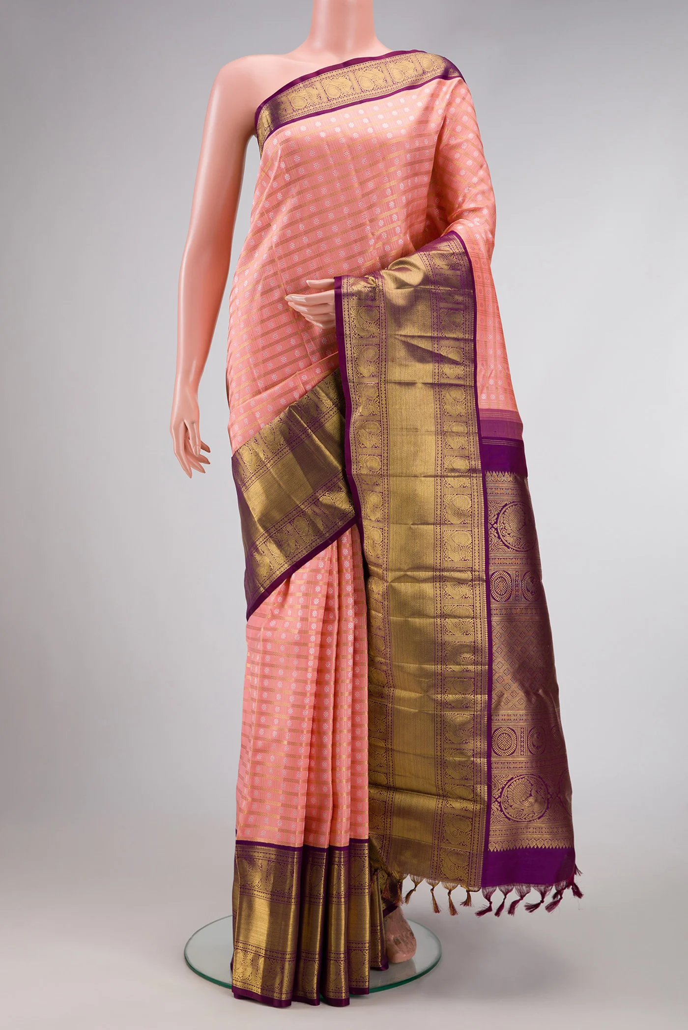 Pure Silk Pure Zari Rose pink Kanjivaram Saree