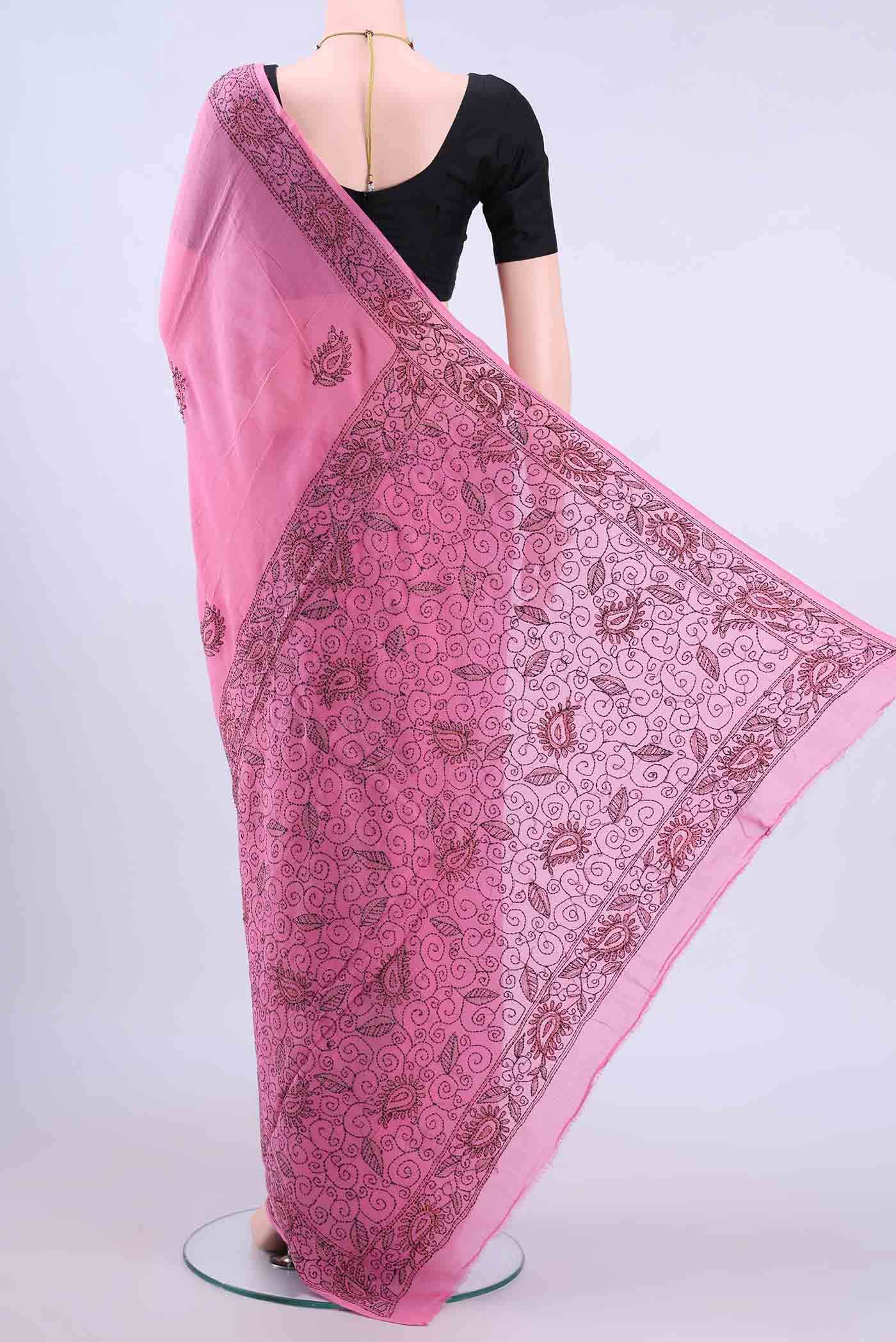 Rose pink Kantha Silk Saree - Image 2