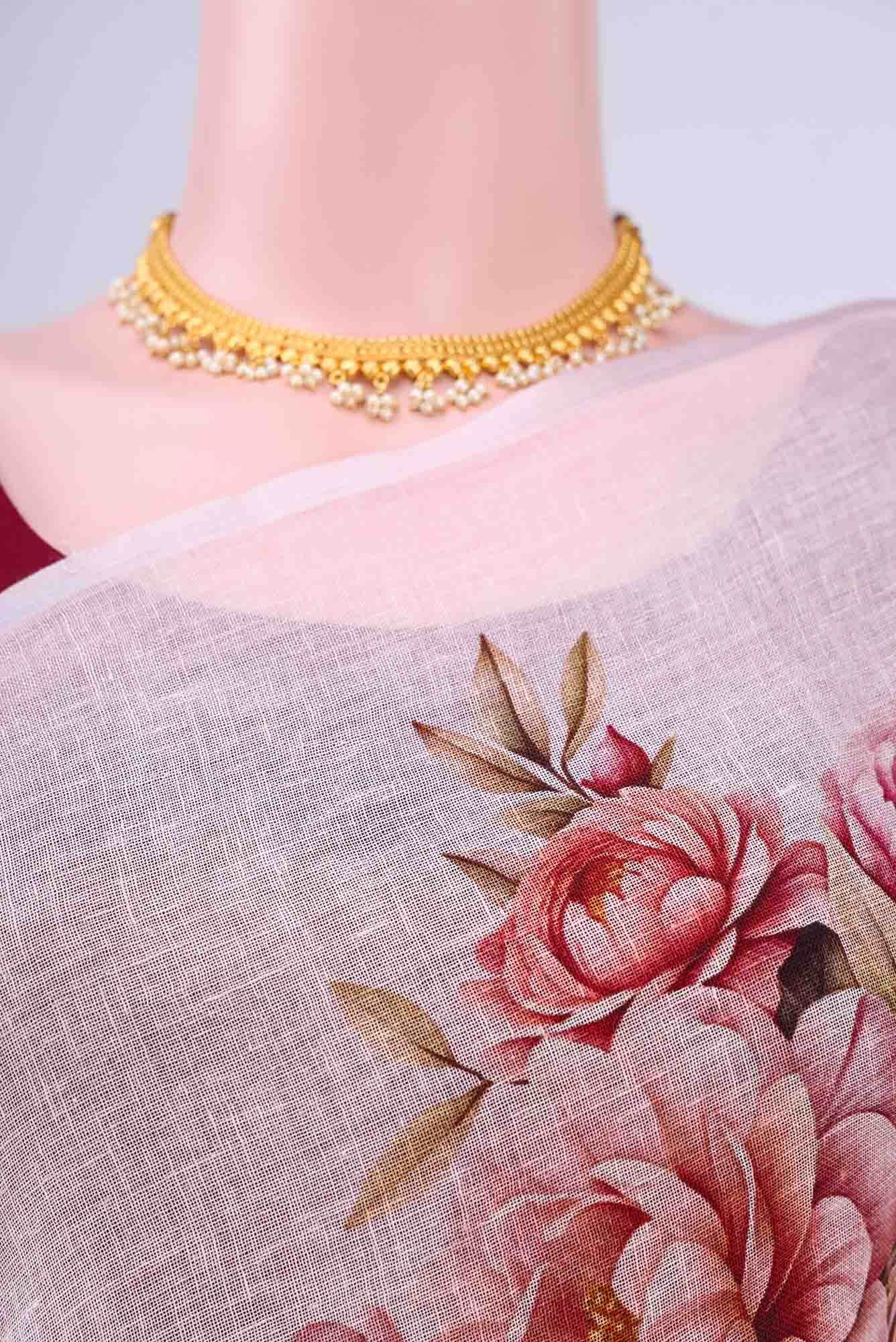 Rose pink Linen Cotton Saree - Image 3