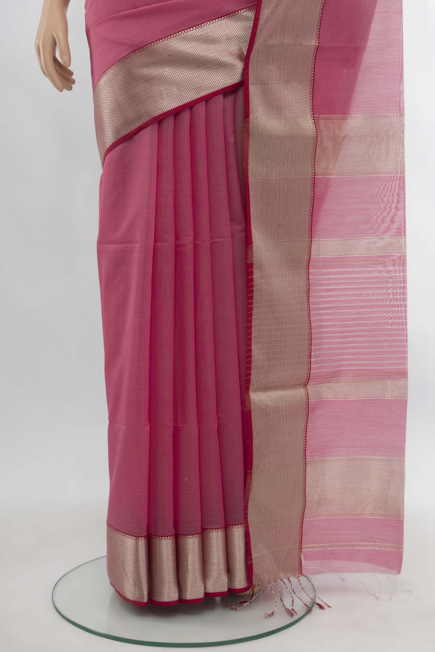 Rose pink Maheshwari Silk Cotton Saree - Image 3