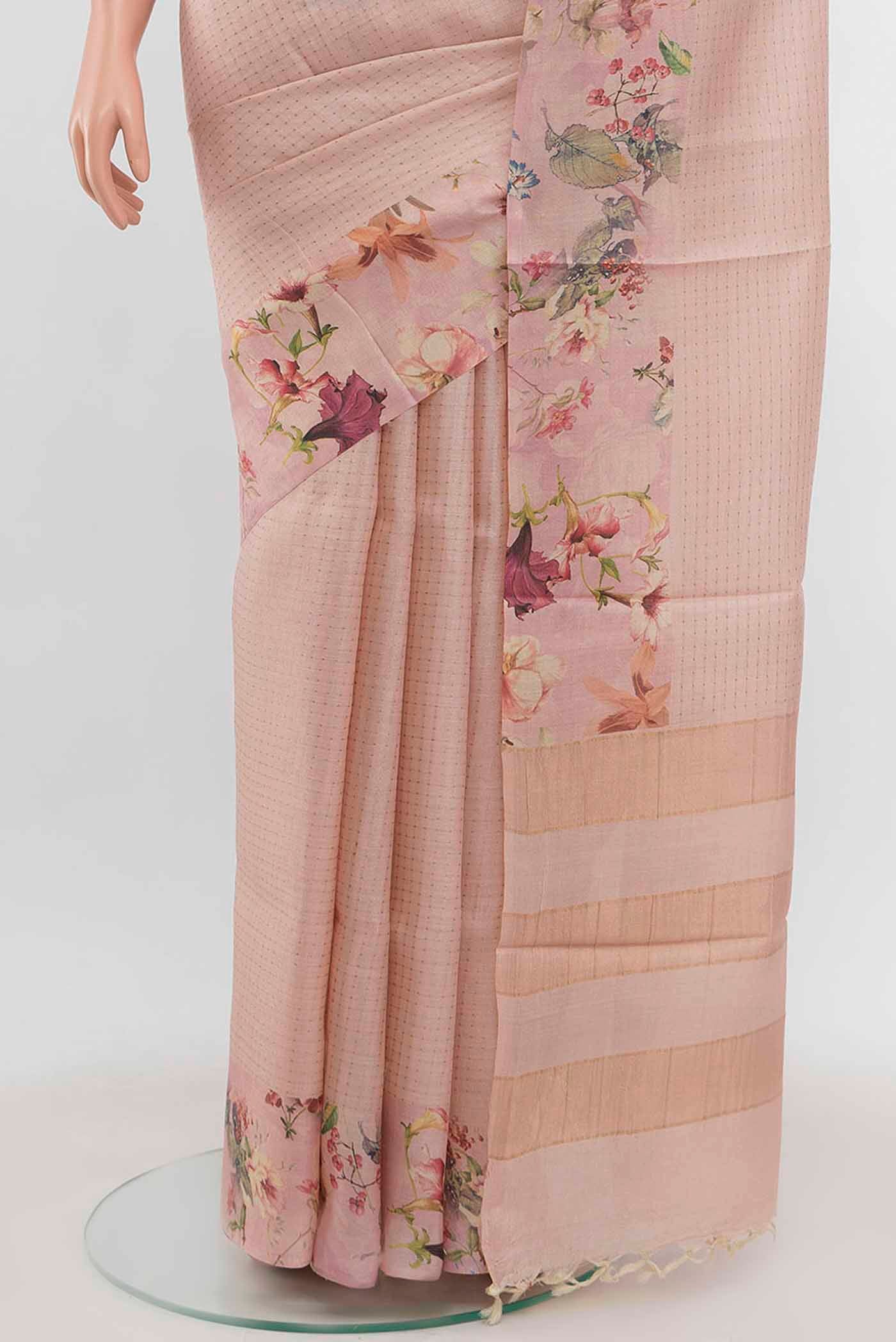 Rose pink Tussar Silk Saree - Image 3