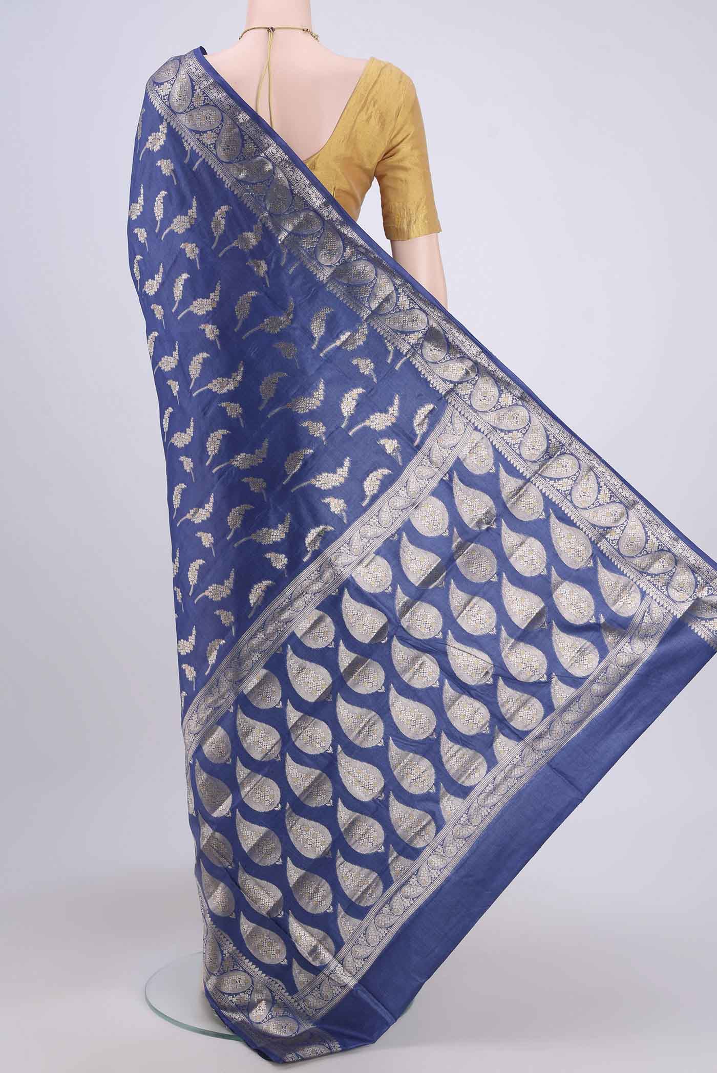 Electric Blue Banarasi Tussar Silk Saree - Image 3
