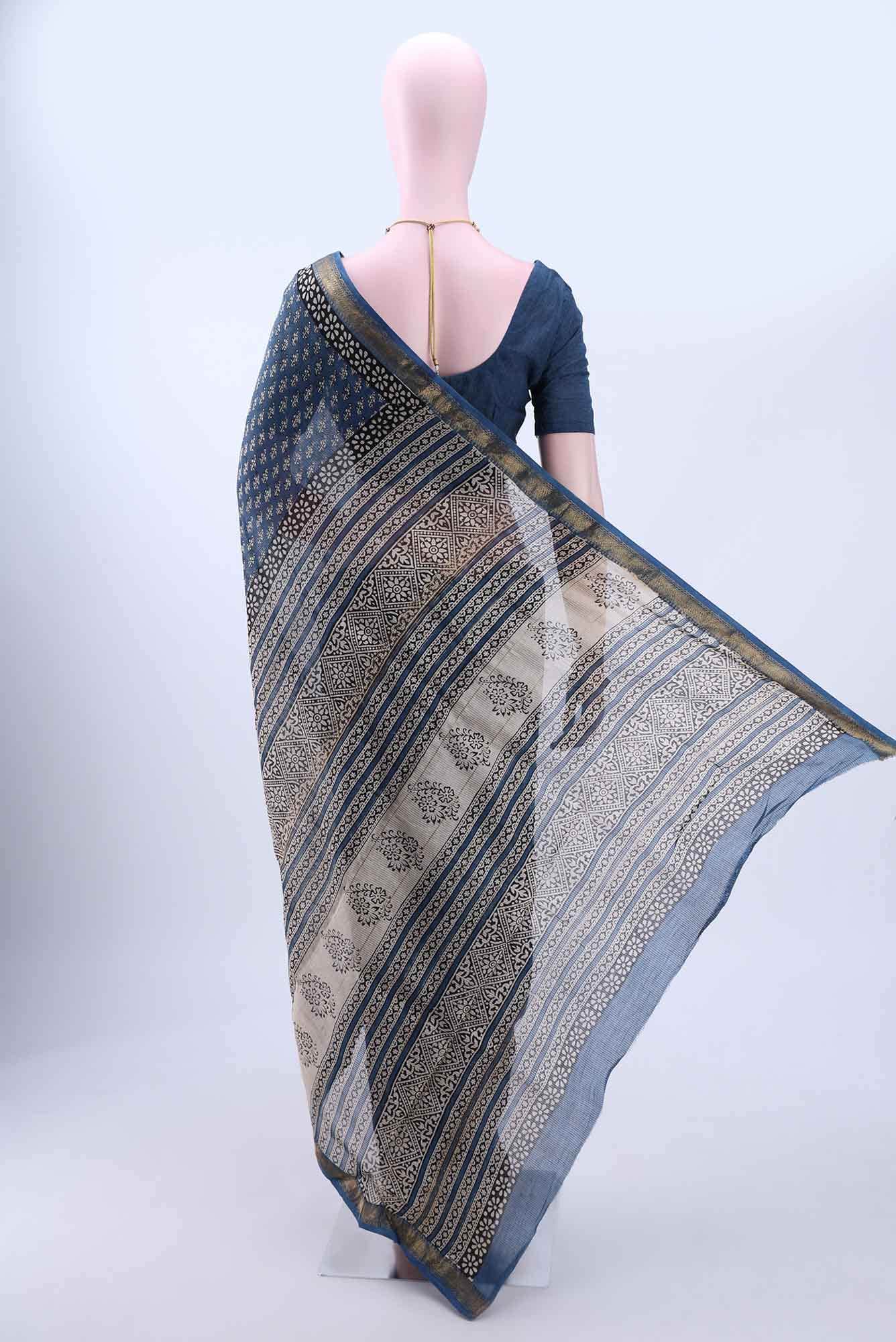 Royal Blue Maheshwari Silk Cotton Saree - Image 3
