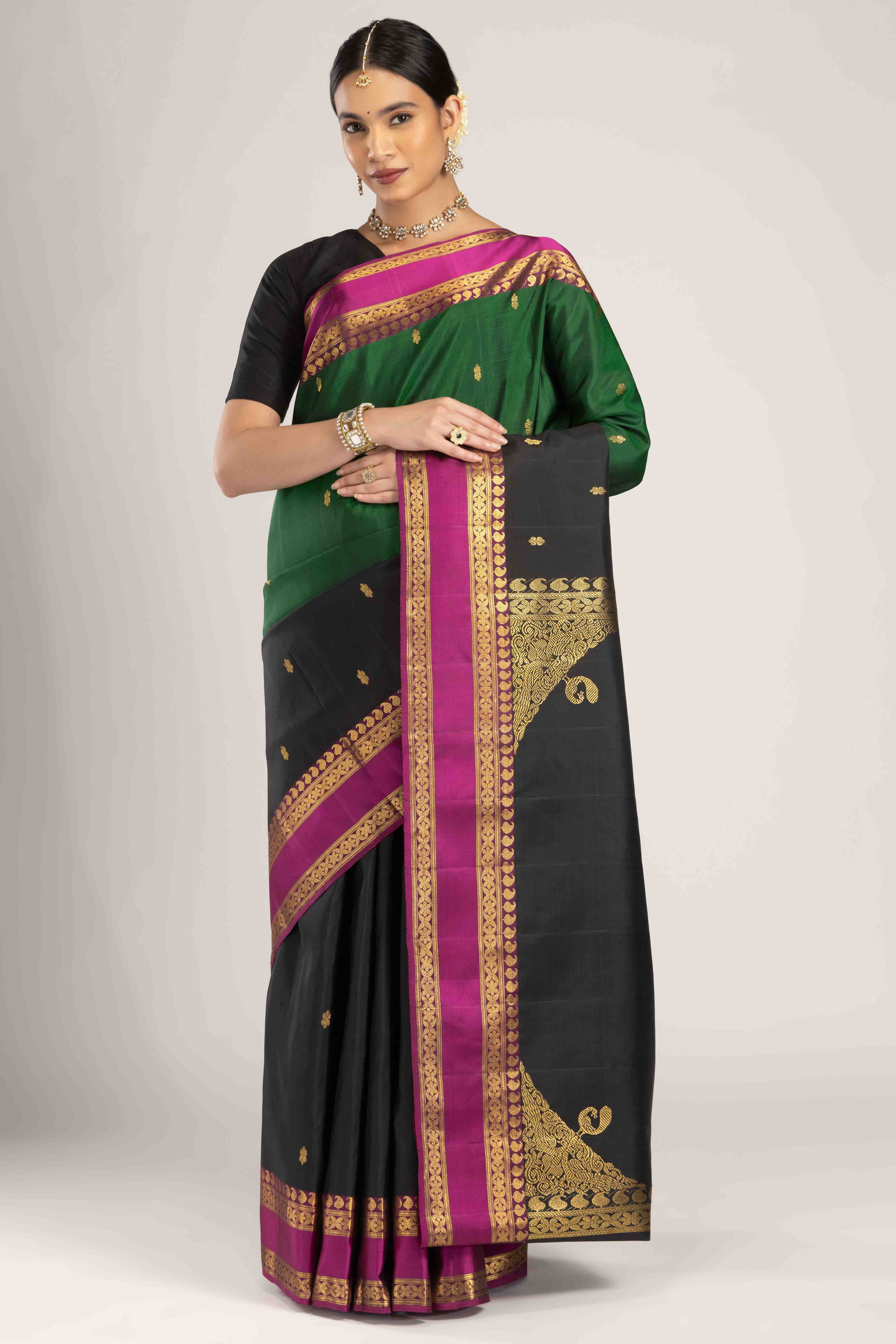 Rudraksha- Black with Green Half and Half Kanchipuram Silk Saree - Image 2