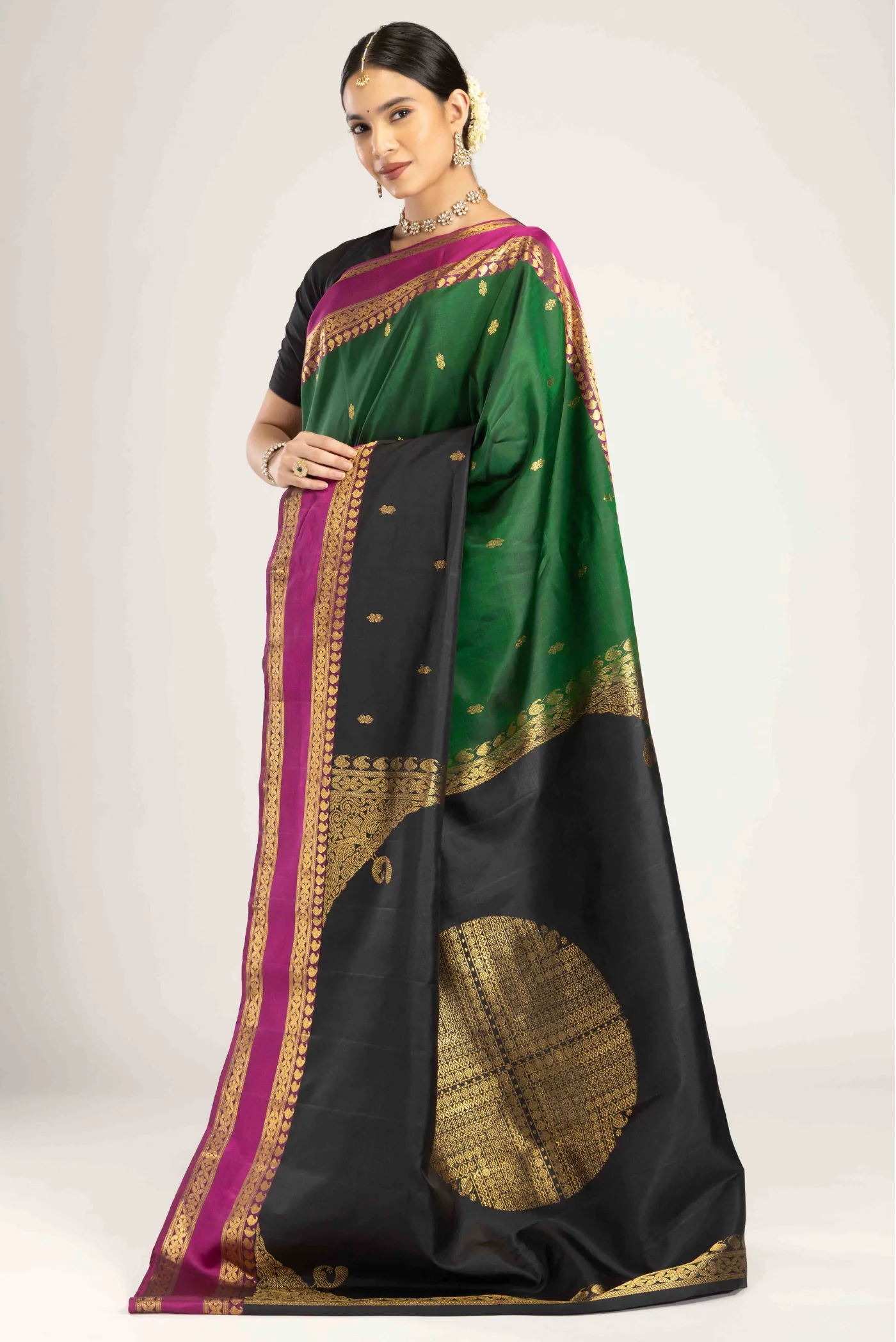 Rudraksha- Black with Green Half and Half Kanchipuram Silk Saree - Image 3
