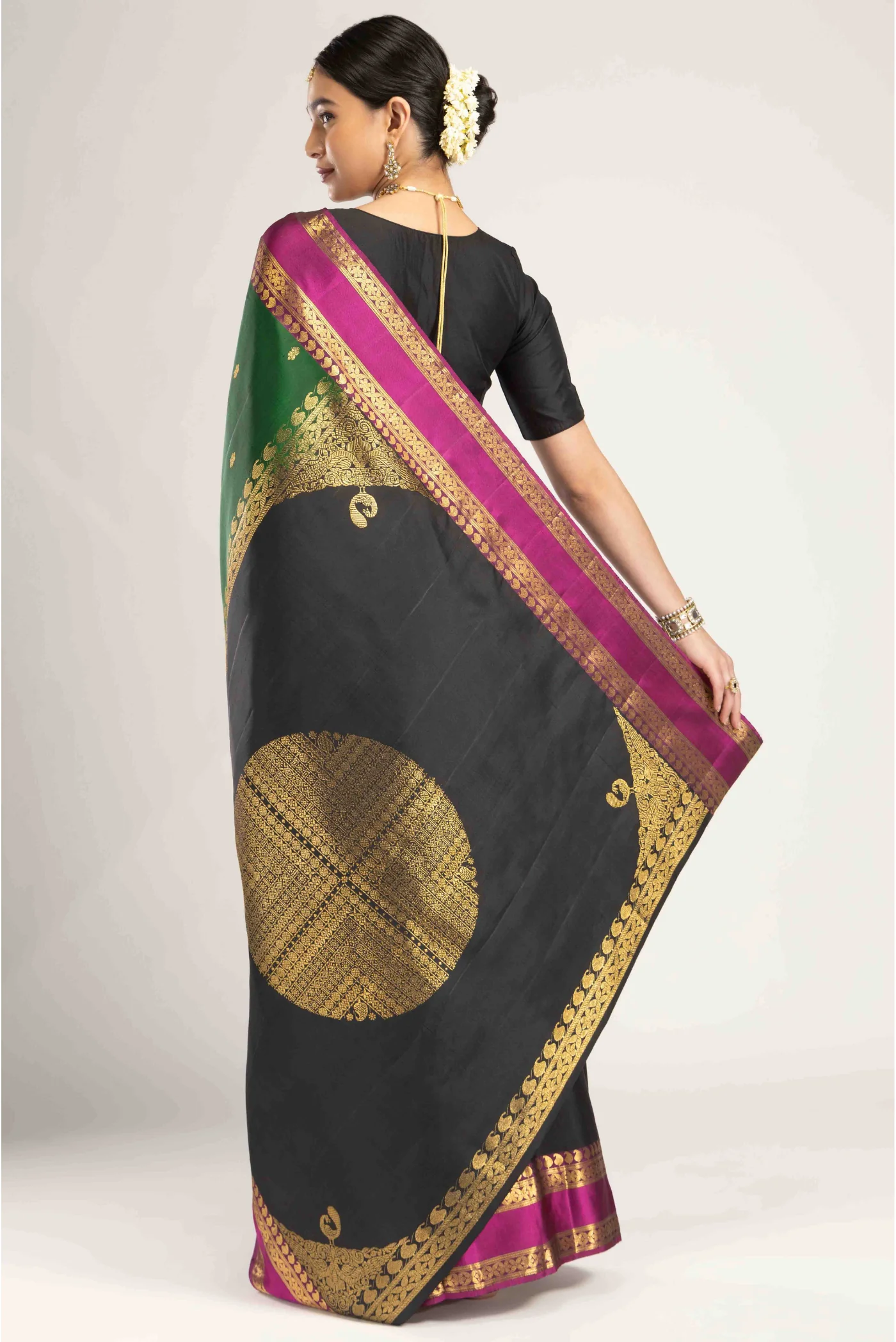 Rudraksha- Black with Green Half and Half Kanchipuram Silk Saree - Image 4