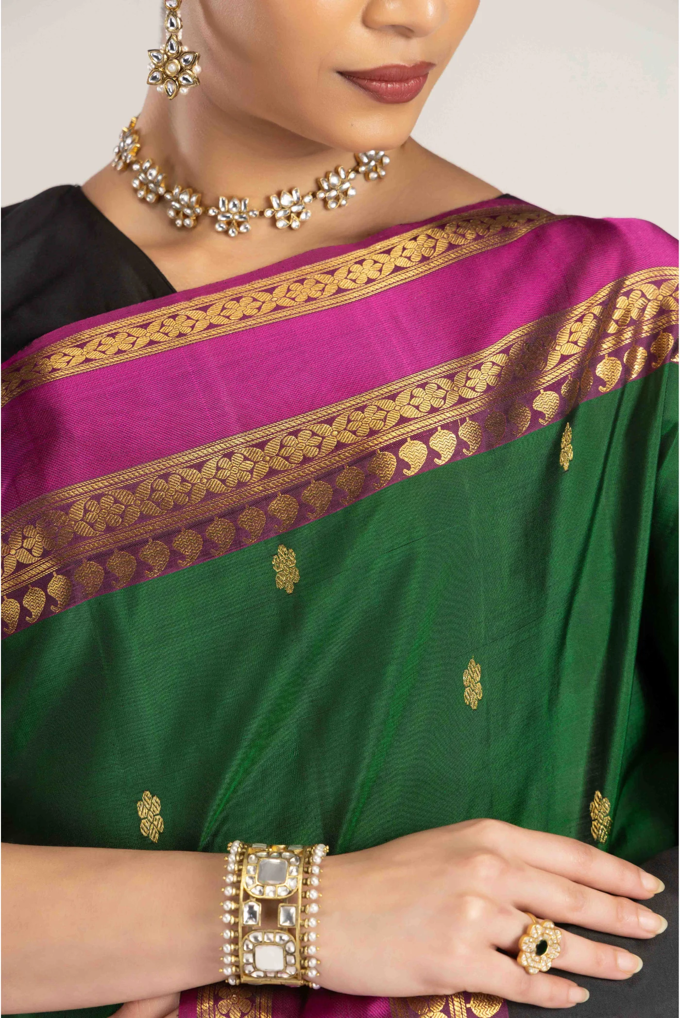 Rudraksha- Black with Green Half and Half Kanchipuram Silk Saree - Image 5