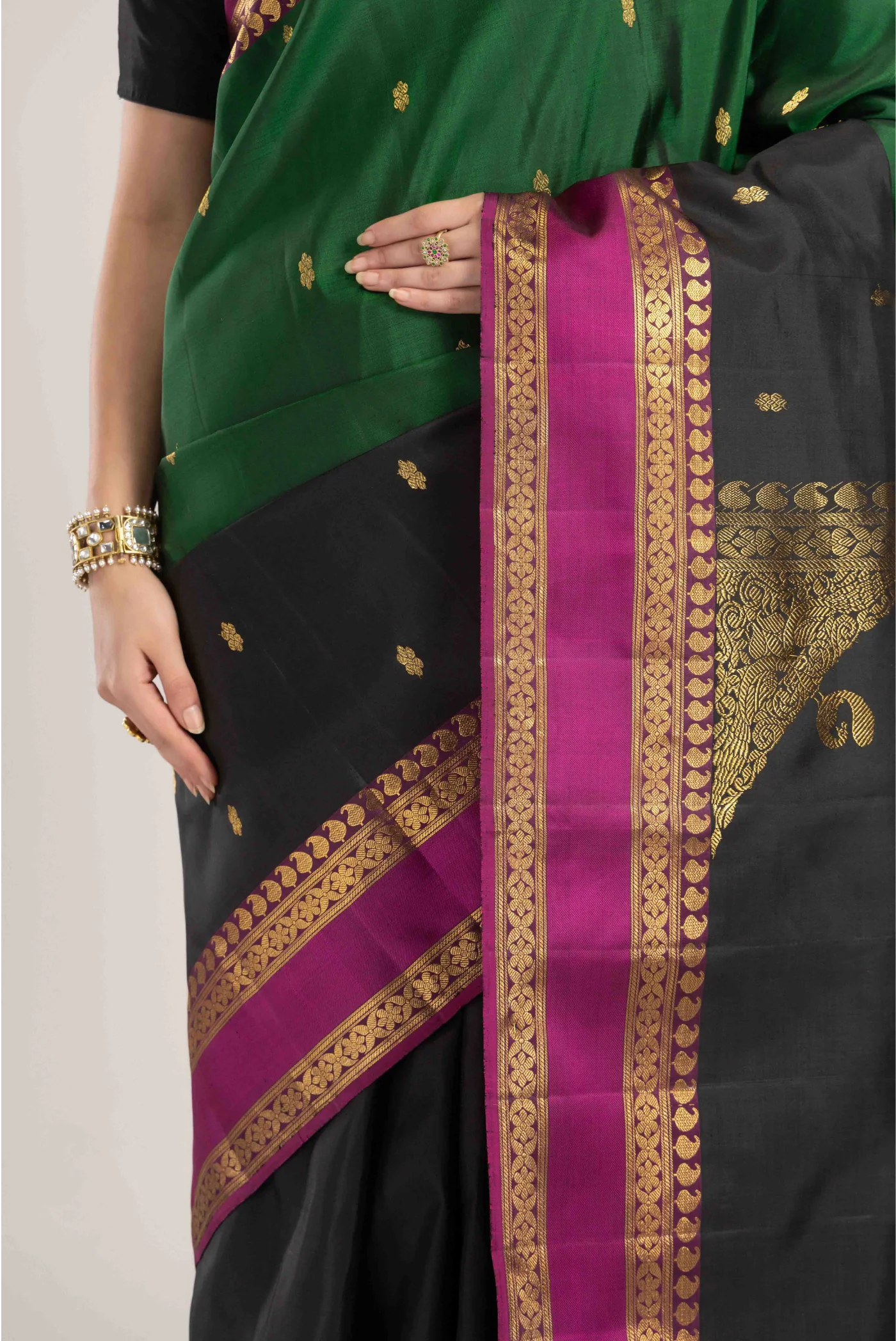 Rudraksha- Black with Green Half and Half Kanchipuram Silk Saree - Image 6