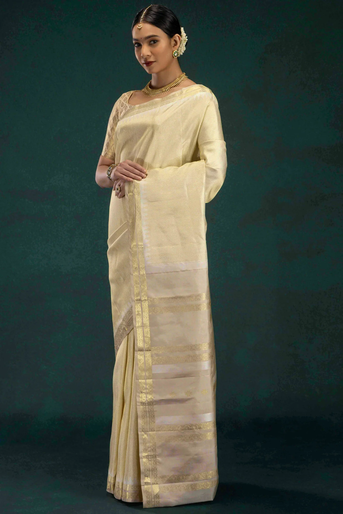 Rukmini-Off White Kanchipuram Silk Saree - Image 3